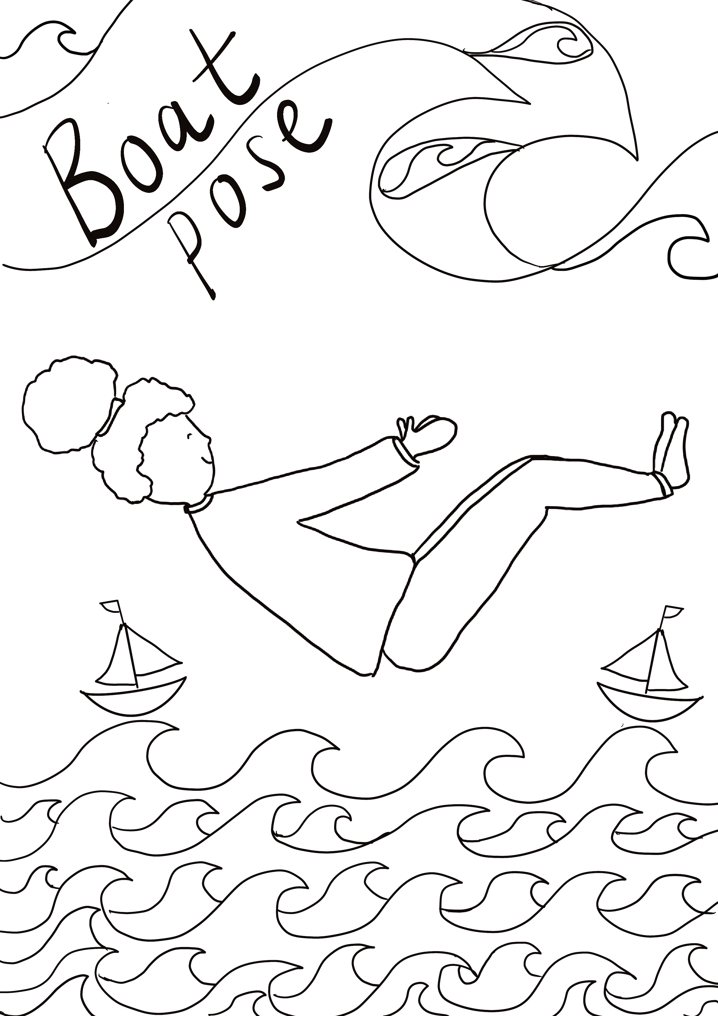 Line drawing of a girl floating on a boat on the water, with two sailboats on waves below, and a large banner at the top reading 'Boat Pose'.