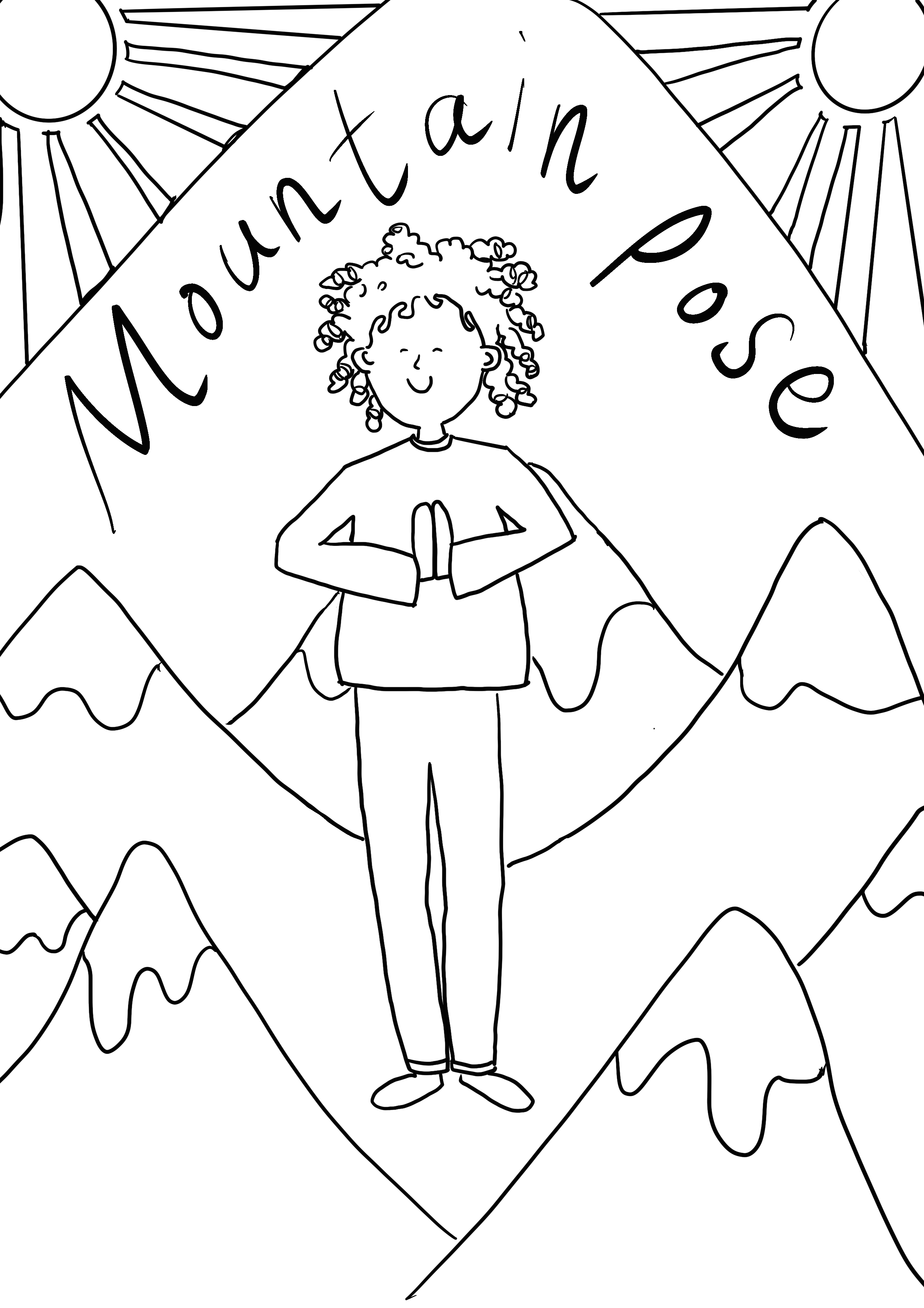 A coloring page featuring a person with curly hair standing with hands pressed together in a prayer position. They are centered in front of stylized mountains and a large background shape resembling a mountain with the words "Mountain Pose" written o