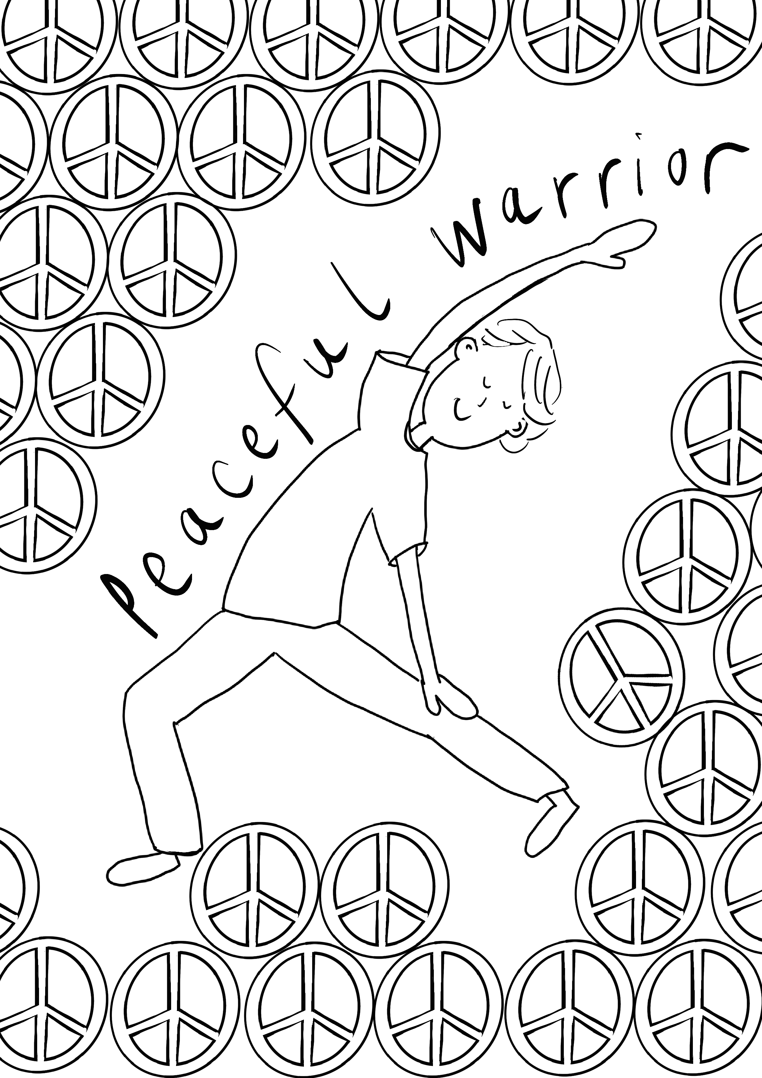 A child practicing yoga with one arm extended and the other hand on the ground, surrounded by peace symbols, with the phrase "peaceful warrior" written across the image.