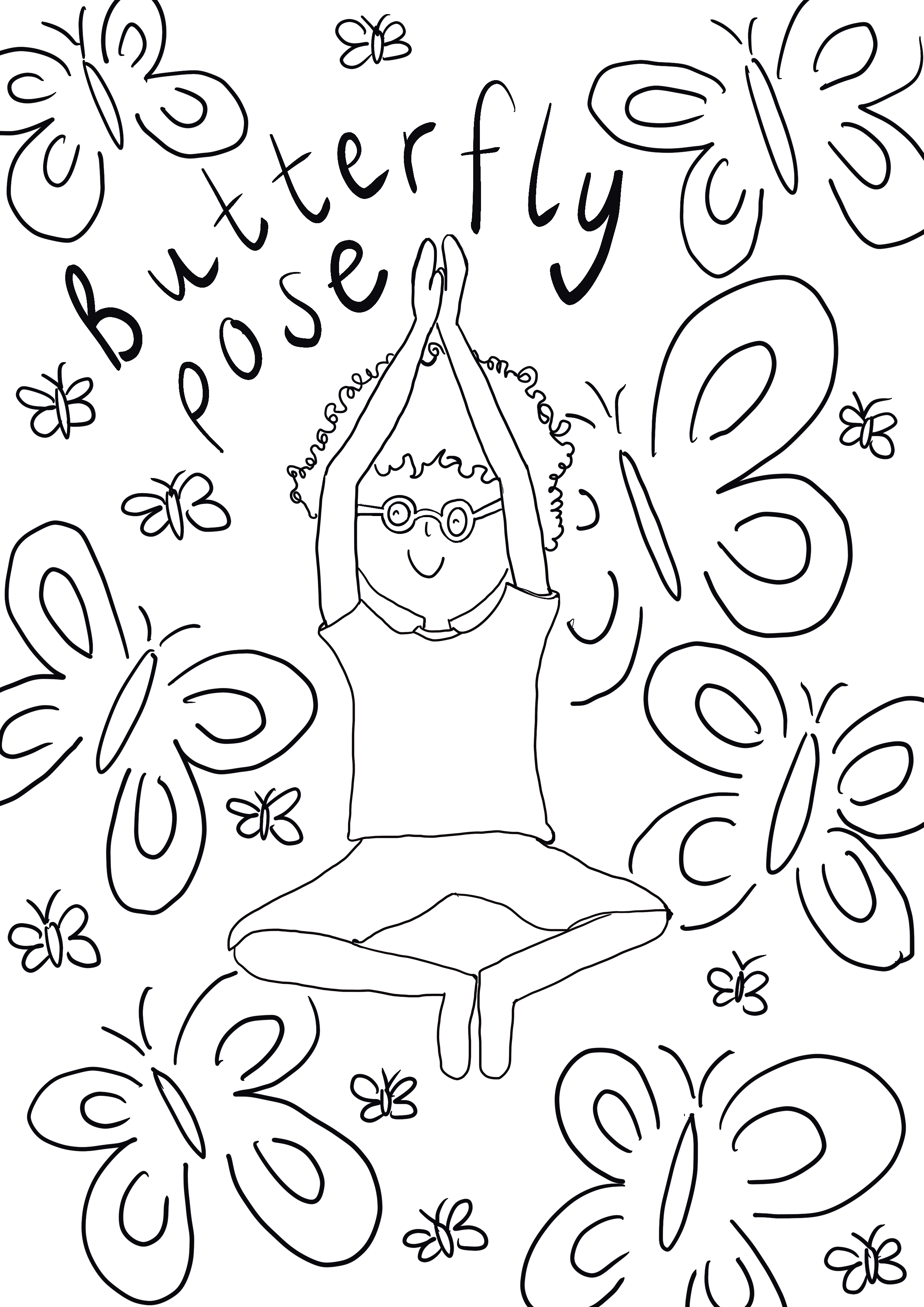 Line drawing of a person with curly hair and glasses sitting in a yoga pose with legs crossed and hands together above the head. The background is filled with large and small butterflies and the words "butterfly pose" written at the top.