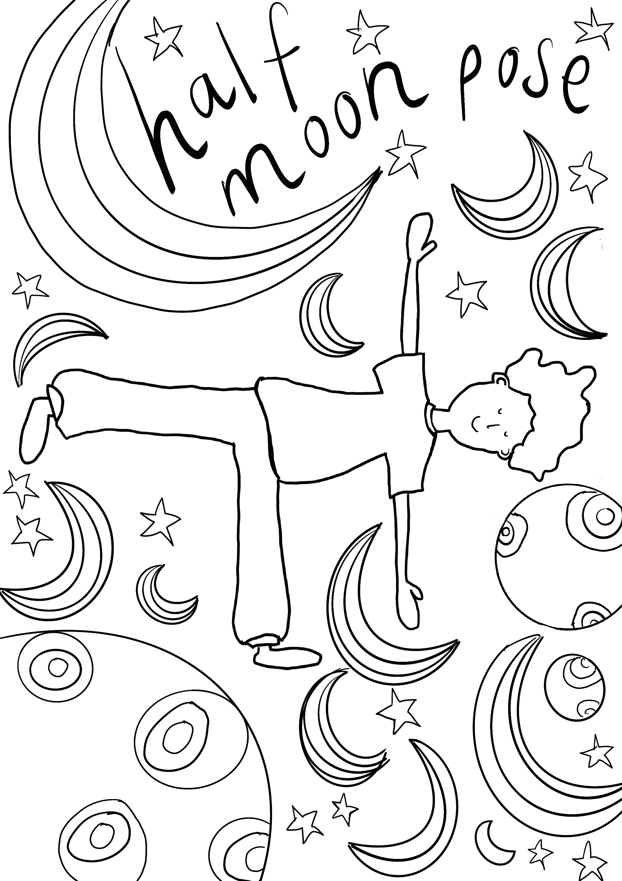 Black and white coloring page featuring a woman practicing the half moon pose in yoga, surrounded by crescent moons, full moons, stars, and the phrase 'half moon pose' at the top.