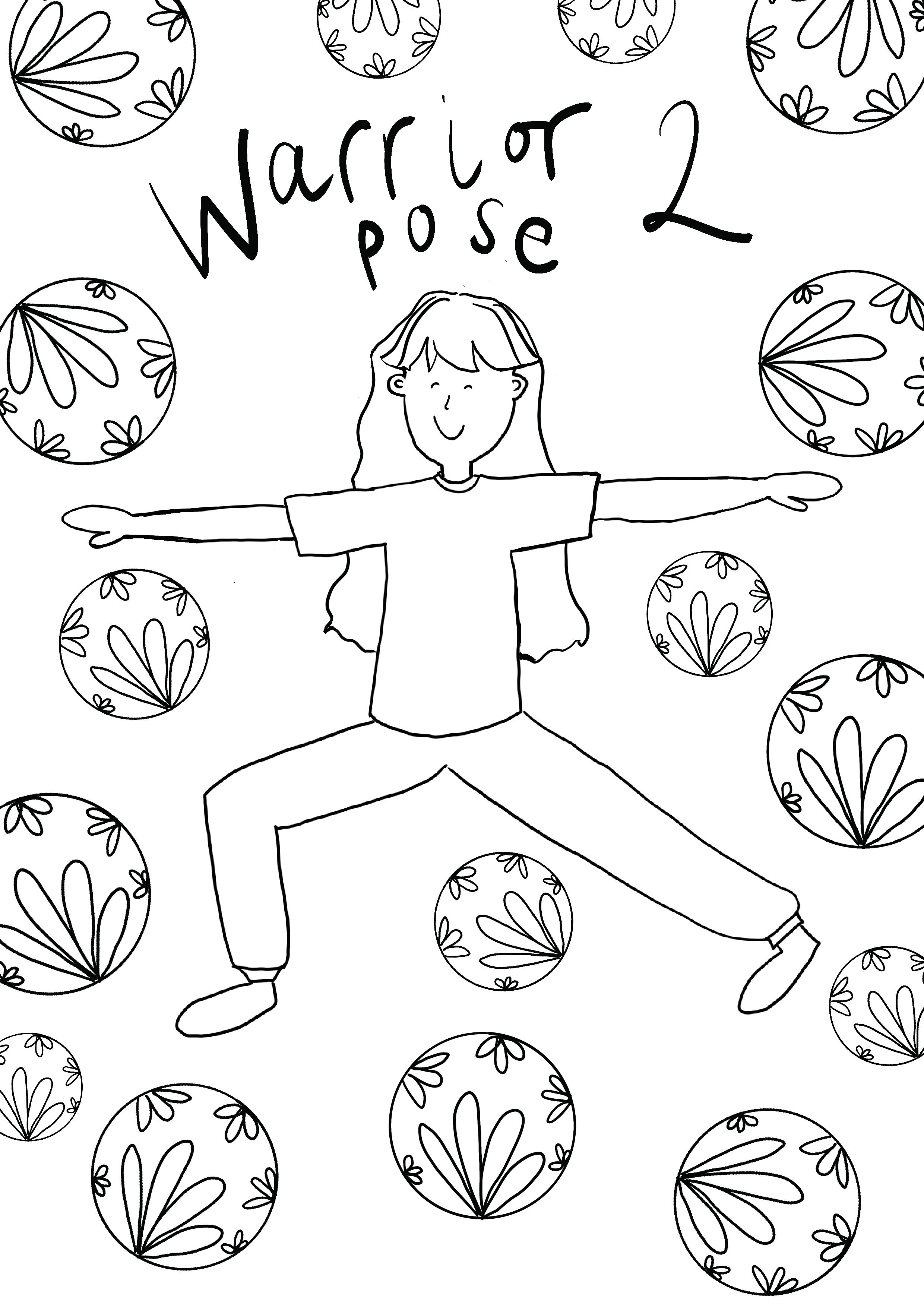 Line drawing of a girl performing Warrior pose 2 in yoga, surrounded by decorated circles, with the text 'Warrior pose 2' above her.