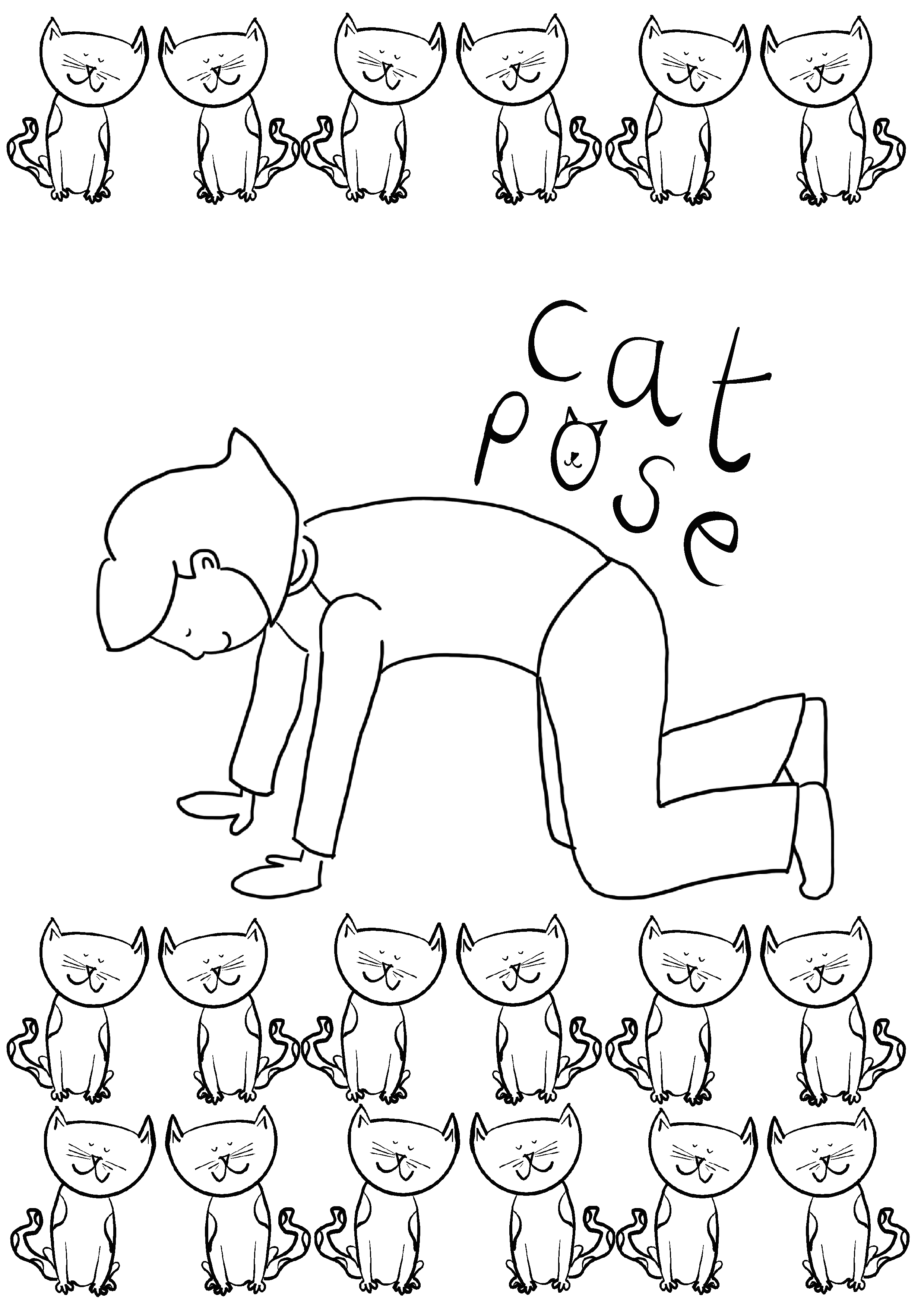 A black and white coloring page featuring a girl in a crawling position with a large word 'cat pose' and multiple cute, cartoon-style cats sitting on top and bottom borders.