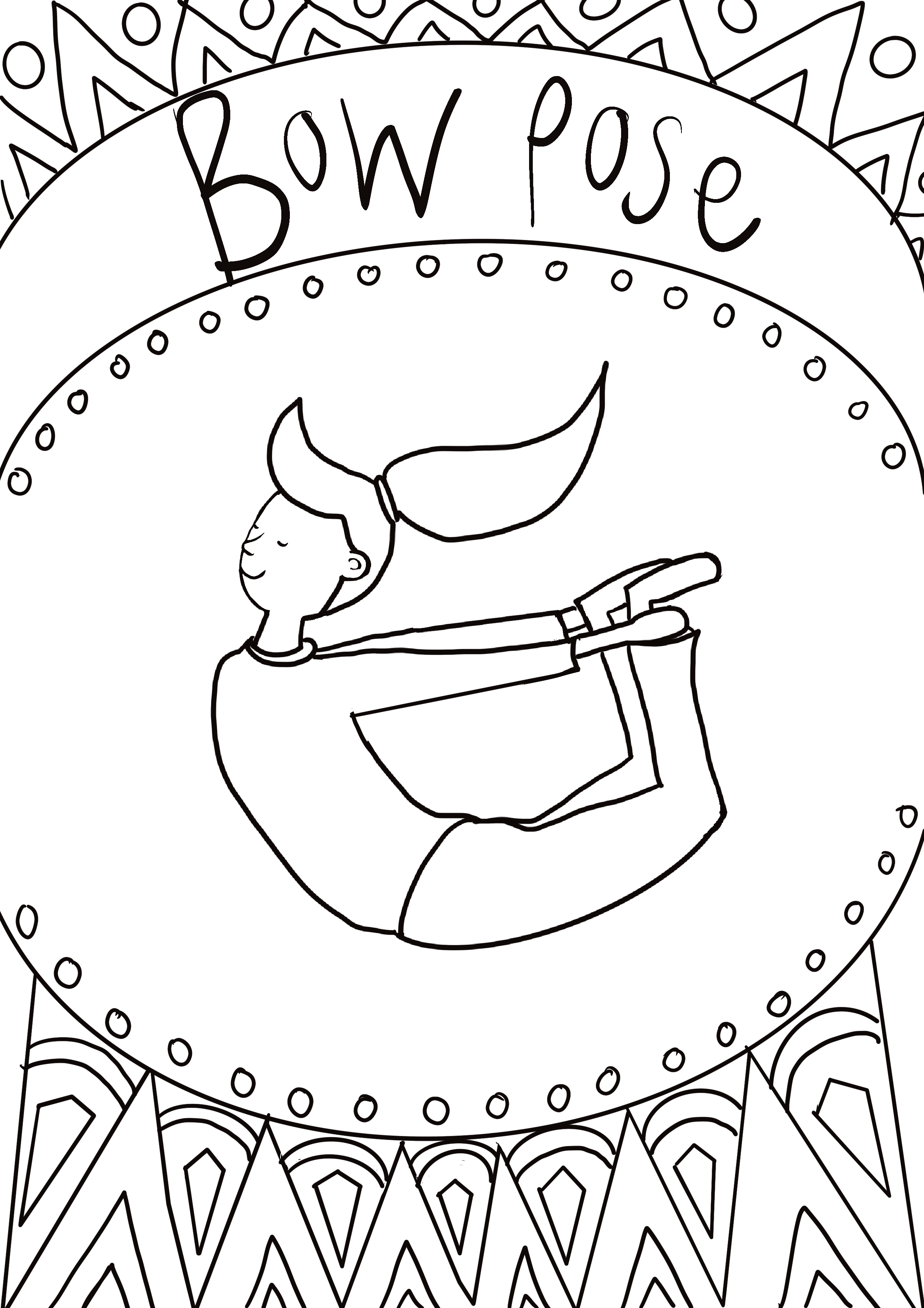A line drawing of a girl performing a bow pose with her arms stretched out and her chest close to her knees, with a smiling face and long hair tied in a ponytail, surrounded by decorative patterns and the words 'Bow pose' at the top.