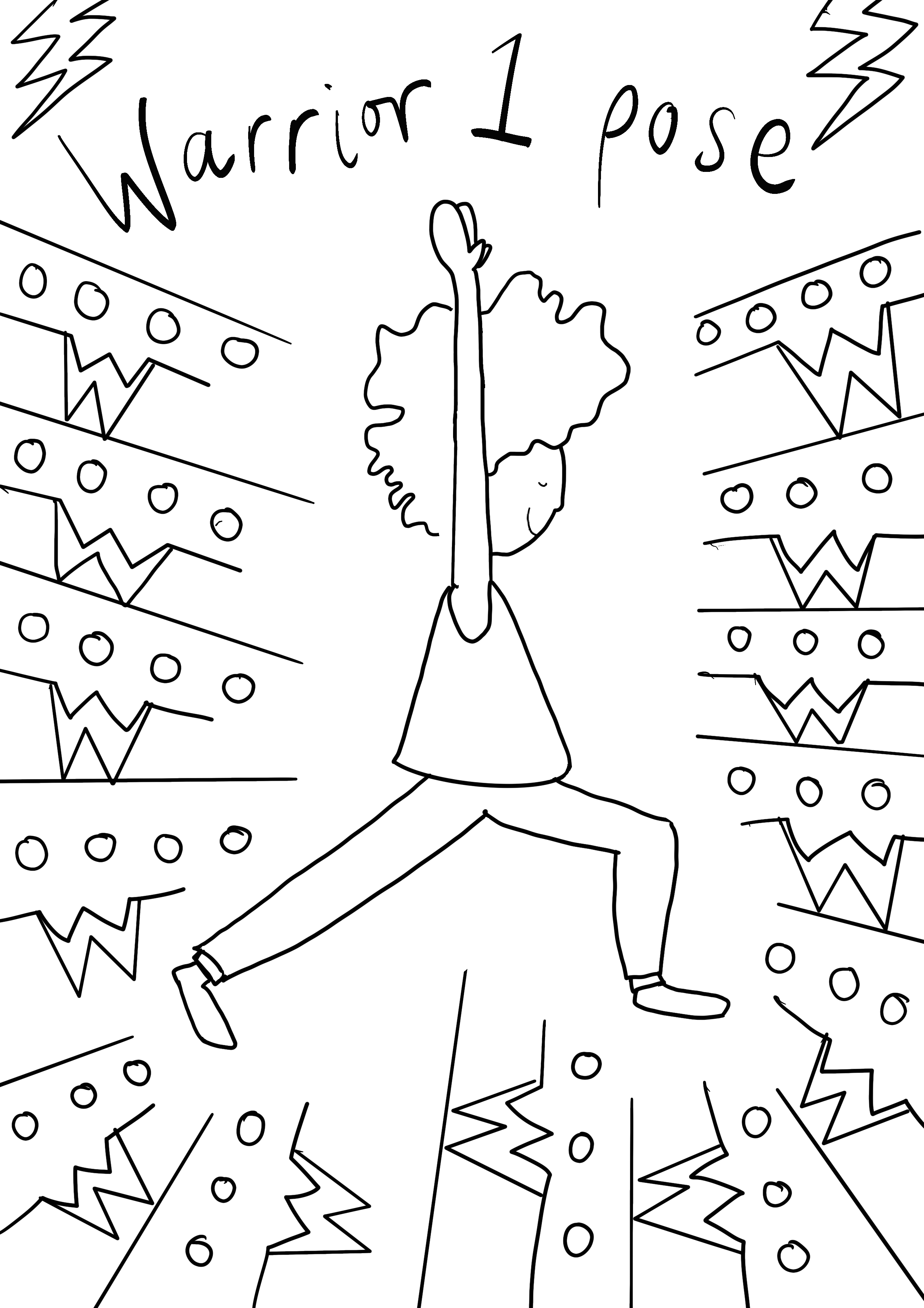 A line drawing of a girl doing the warrior 1 yoga pose surrounded by abstract lines and dots, with the text 'Warrior 1 pose' at the top.