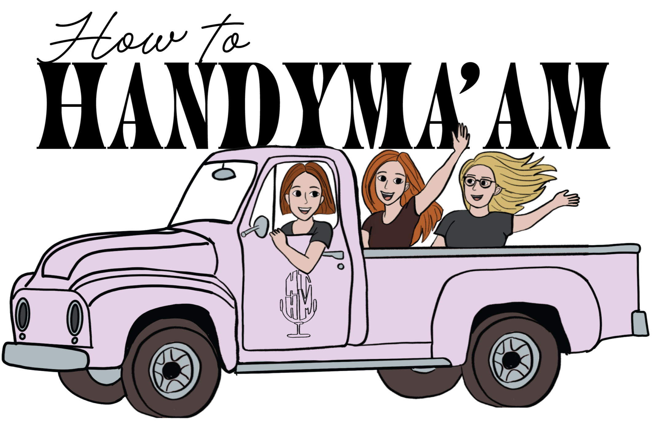 Three women in a pink pickup truck, with the driver holding the steering wheel and two women in the truck bed, smiling and waving.