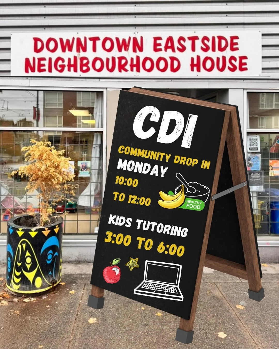 🍌 Monday at the House!
Start your week with connection, food, and learning at the Downtown Eastside Neighbourhood House.
✨ Community Drop-In
🕙 10:00 AM – 12:00 PM
Enjoy a healthy meal, good company, and a welcoming space.
🍎 Kids Tutoring
?