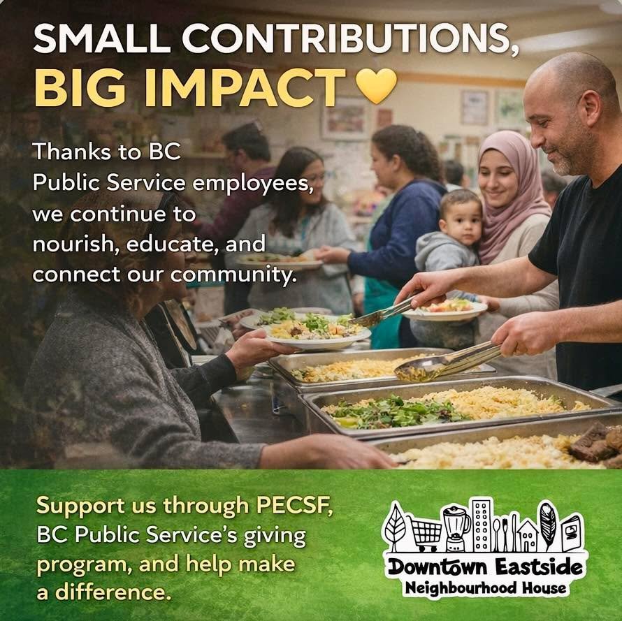 Small contributions, big impact 💛

Thank you to BC Public Service employees who support us through the Provincial Employees Community Services Fund (PECSF).

Your contributions help us nourish, educate, and connect our community every day.

If you&r