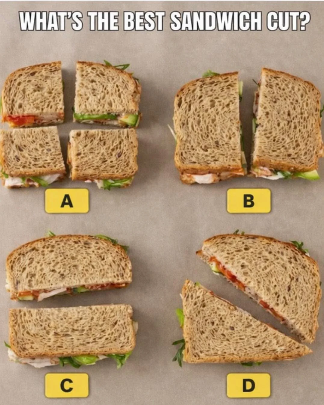 🥪 THE ULTIMATE QUESTION&hellip;
What&rsquo;s the best sandwich cut? 👀

A, B, C, or D&hellip; no wrong answers, but strong opinions 😏

👇 Drop your vote in the comments:
Team A, B, C, or D &mdash; and why?

⚠️ Bonus: got your own cutting style? Sho