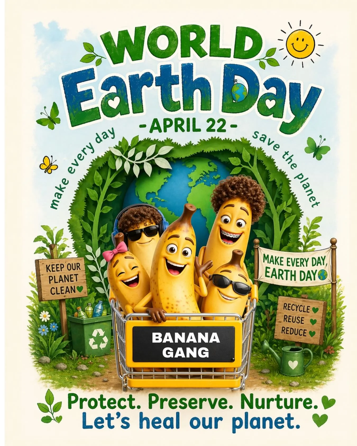 🌎🍌 WORLD EARTH DAY &ndash; APRIL 22 🍌🌎

The Banana Gang is rolling in&hellip; straight from the shopping cart 😎🛒

Today is a reminder that small actions matter:
🌱 Plant something
♻️ Recycle
💧 Use less, care more
🤝 Support your community

At 