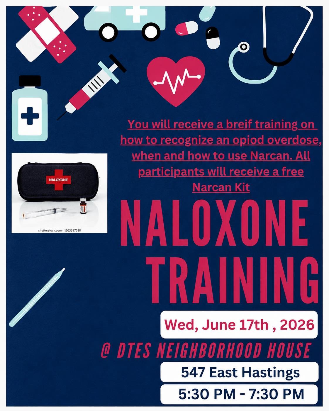 💙 FREE NALOXONE TRAINING AT DTES NEIGHBOURHOOD HOUSE 💙

Learn how to recognize an opioid overdose and how to safely respond using Naloxone.

This free training will provide practical information and hands-on guidance on when and how to administer N