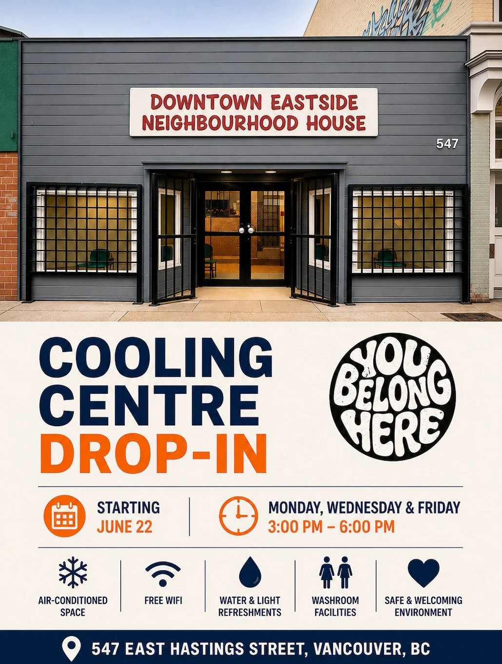 ☀️ Need a place to cool down?

Downtown Eastside Neighbourhood House is opening a Cooling Centre Drop-In this summer for community members who need a safe, comfortable place to escape the heat.

📍 547 East Hastings Street

🕒 Monday, Wednesday &amp;