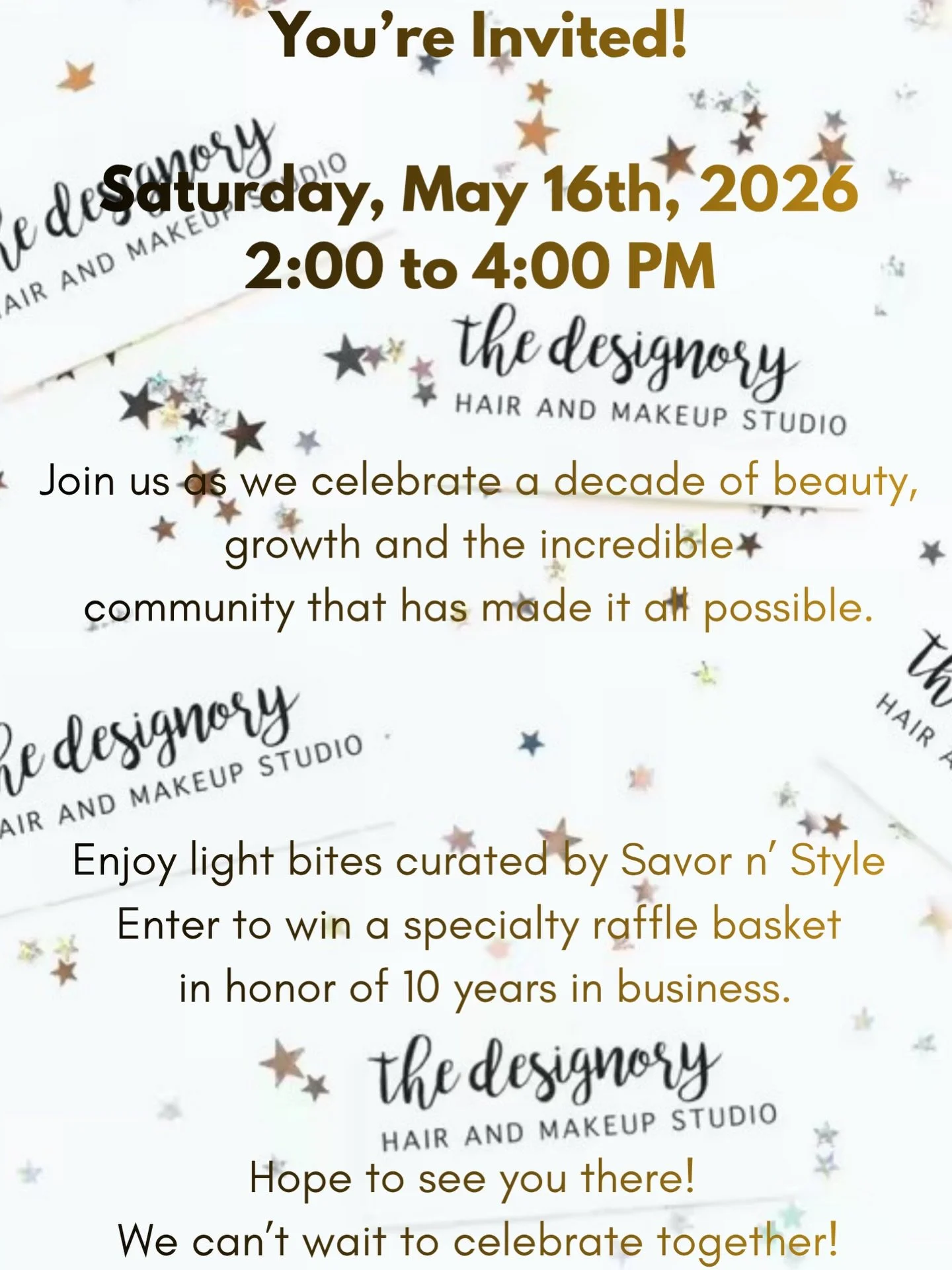 The party's here! Join us as we mark 10 incredible years of The Designory, thanks to your support since 2016! Stop by for light bites from @savor_nstyle and some great company. Enter to win our Grand Raffle Basket filled with beautifully designed goo