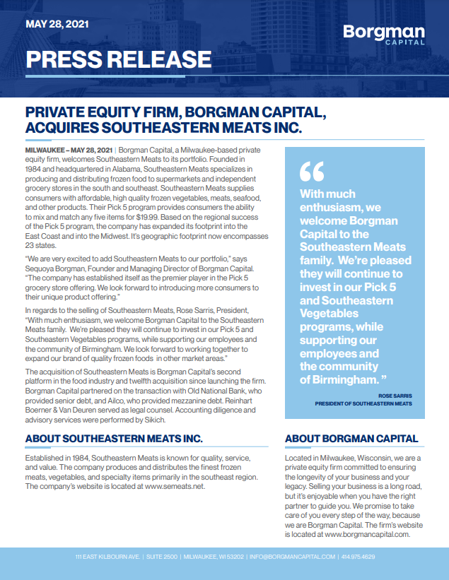 Capital Acquires Southeastern Meats Inc. — Capital