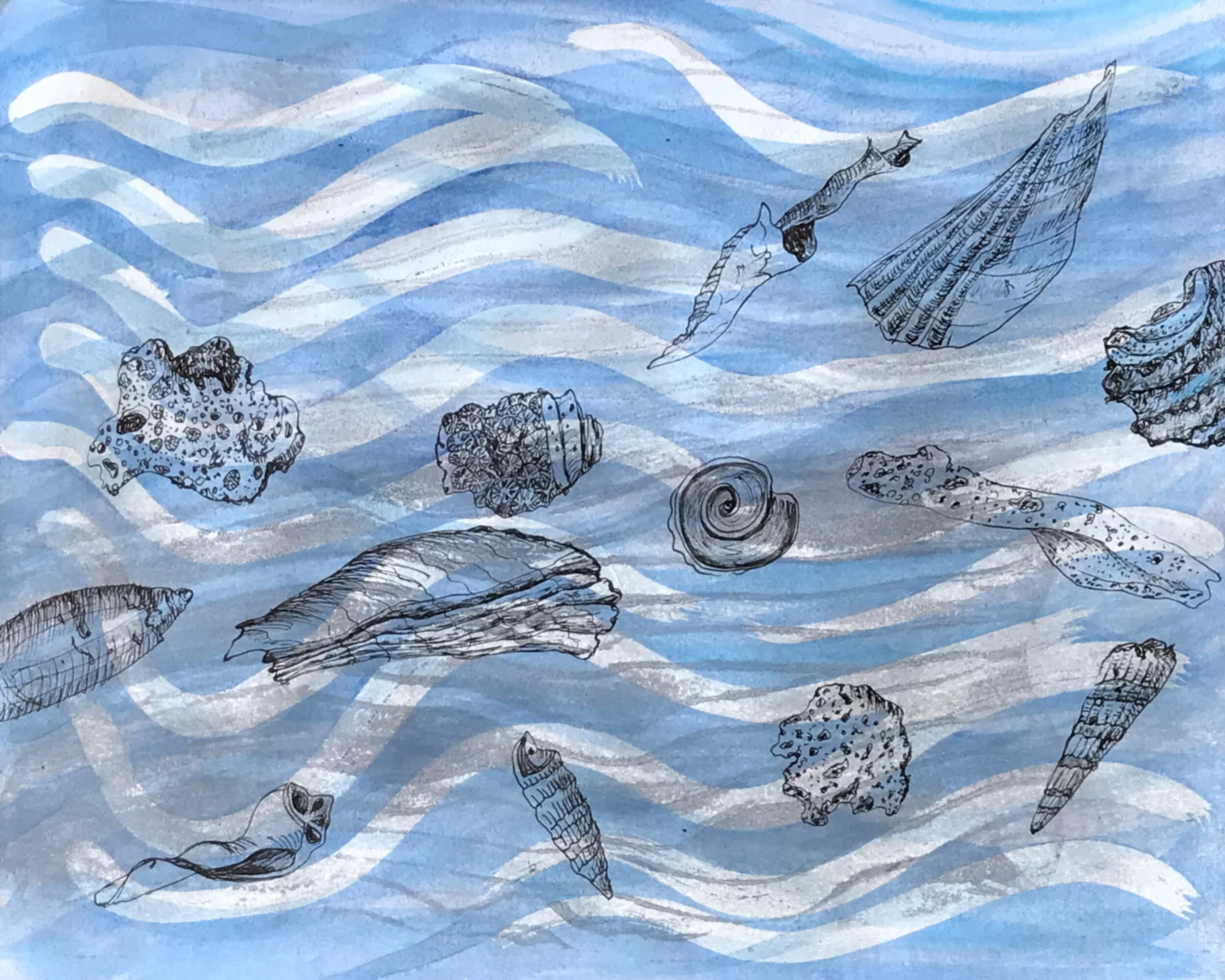 Atlantic Beach – Monotype, gouache, ink – June 2020, about 8"h x 10"w *