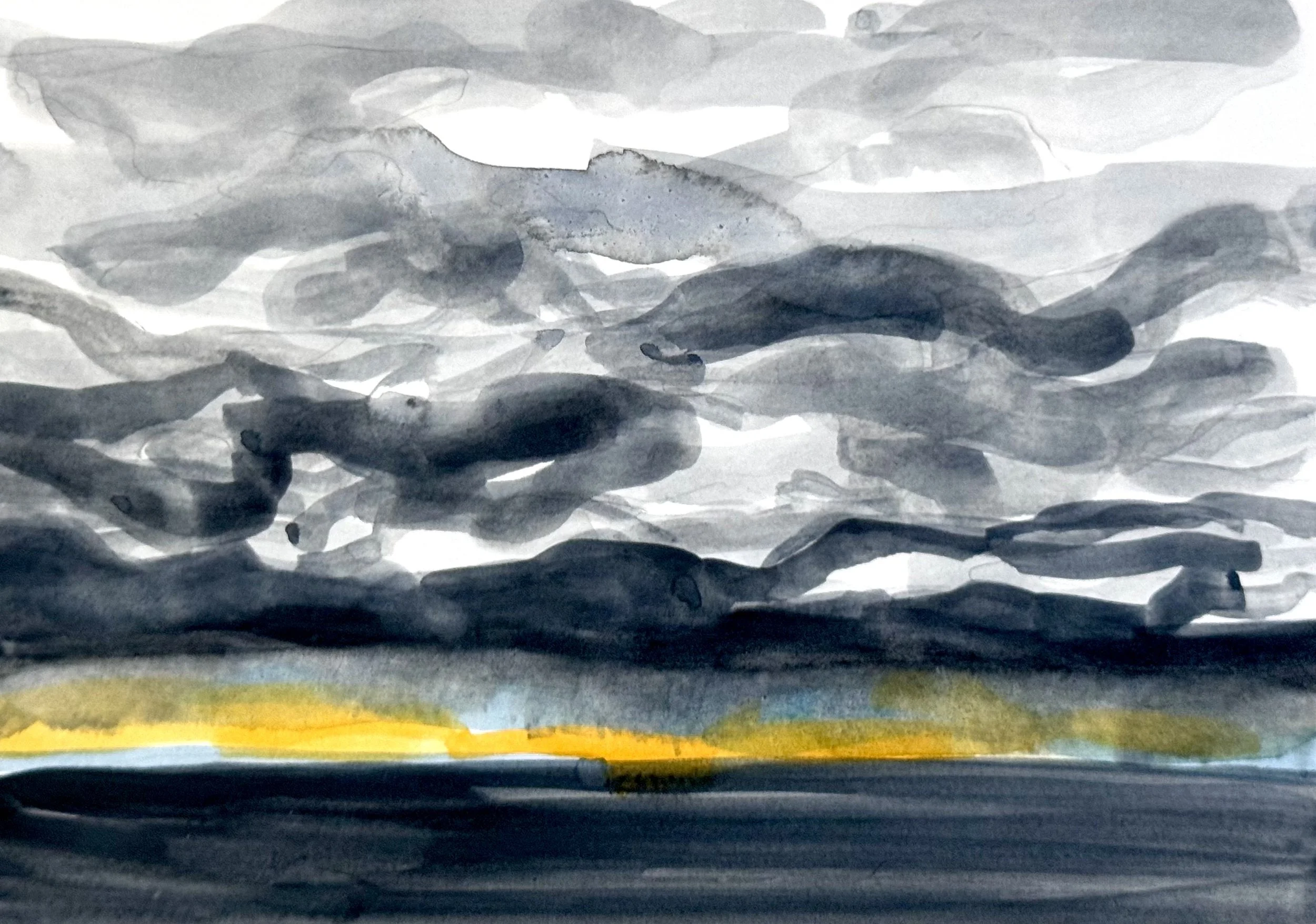 Storm Clouds at Sunset, 2026, watercolor, 5 x 7 inches