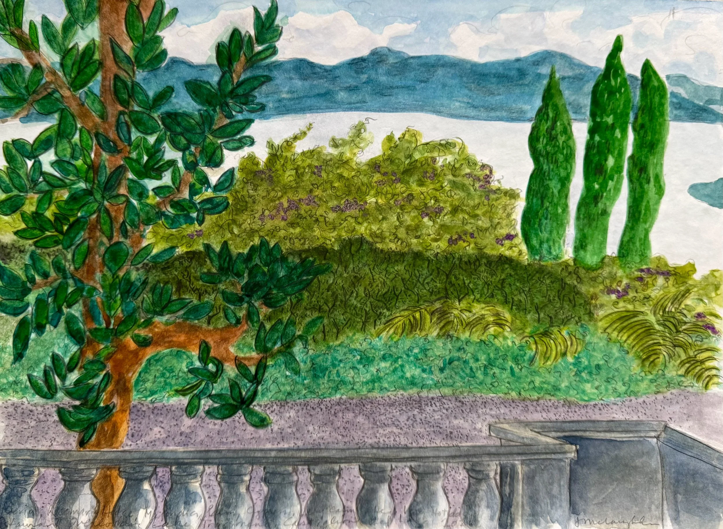 Restaurant view of Lake Trasimeno in Panicale, 2026, watercolor