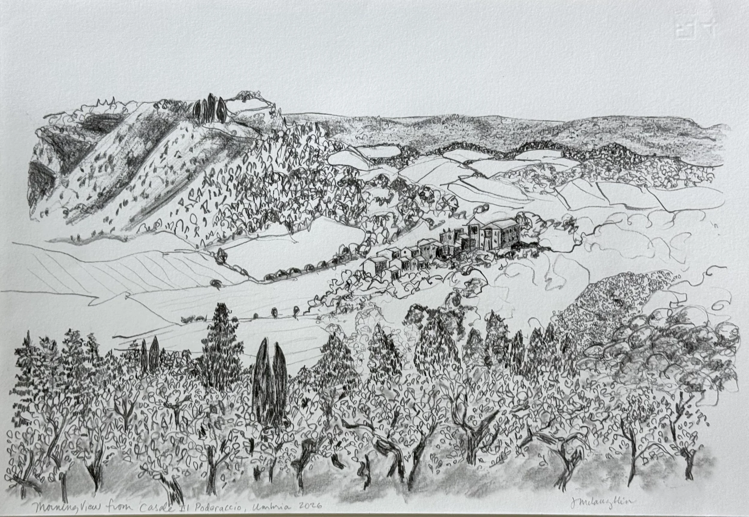 Morning View at Casale Il Poderaccio, 13 x 19 inches, graphite, 2026