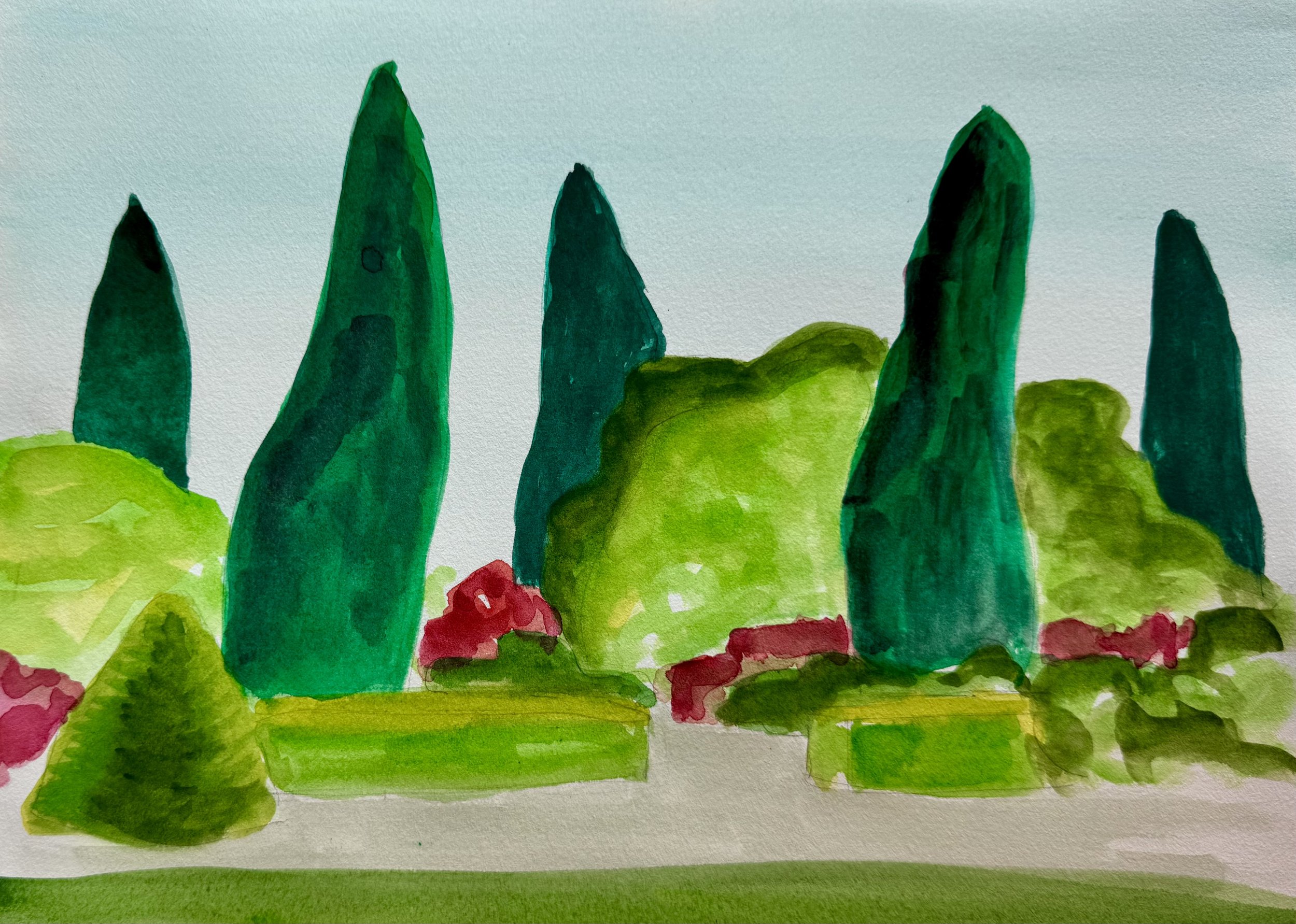 Chateau Le Pin garden, watercolor, 2025, 8 x 12 inches