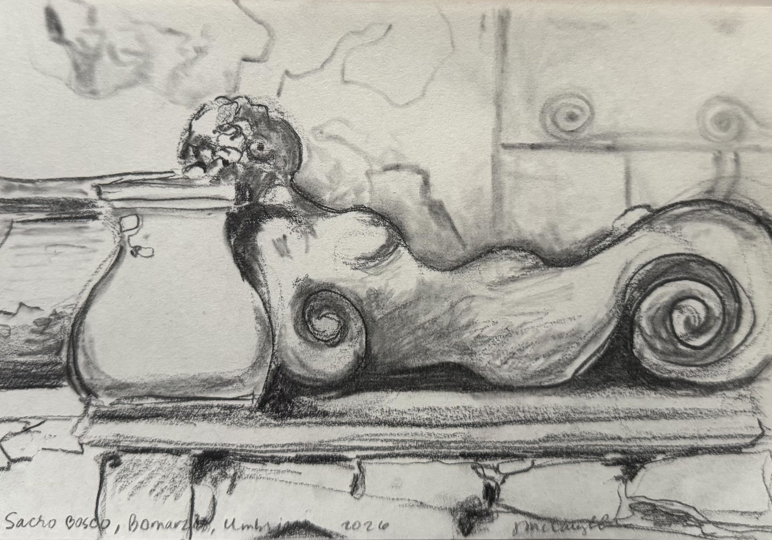 Sacro Bosco Bomarzo, 6 x 9 inches, graphite, 2026