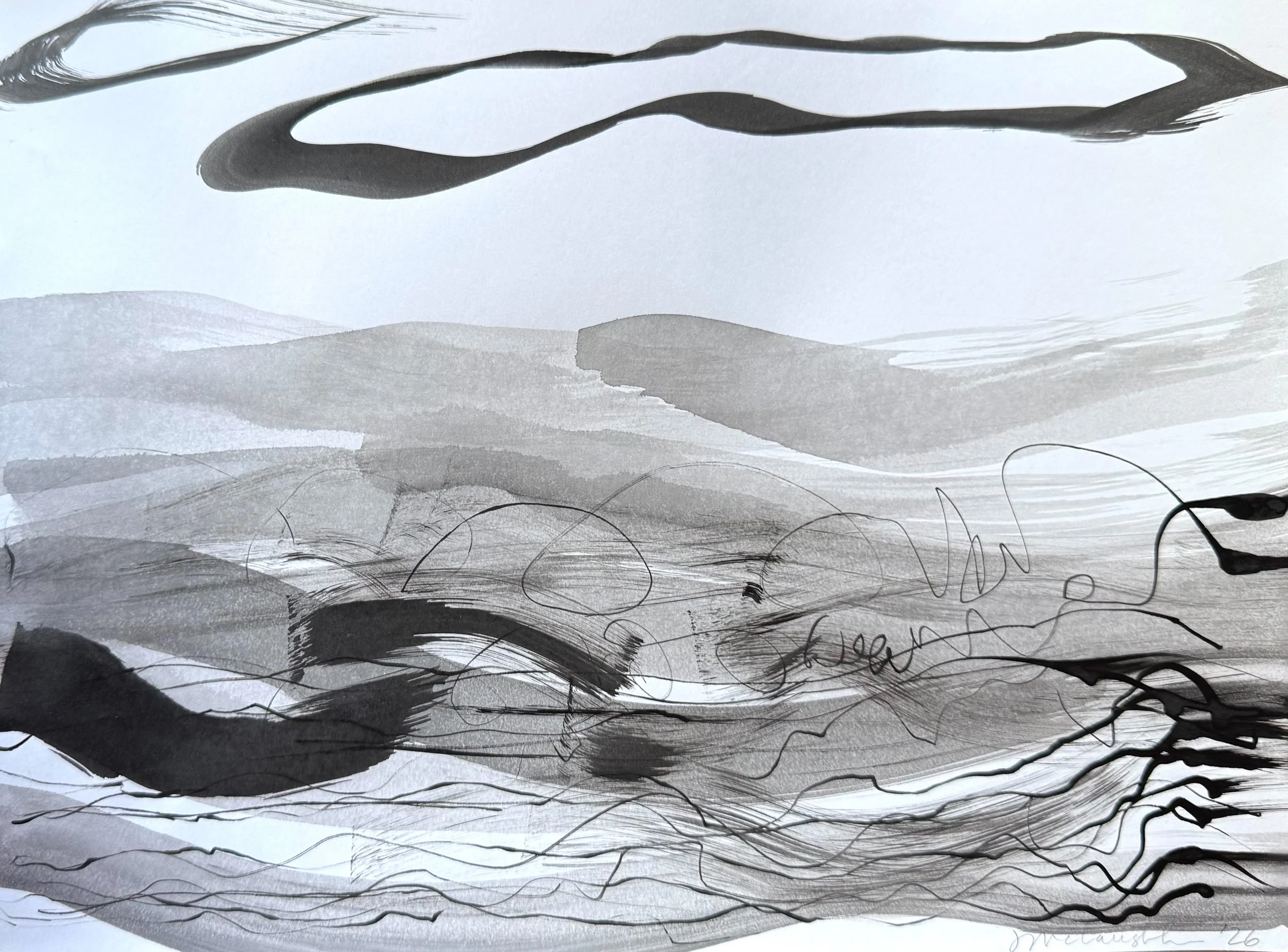 ink sketch using twig and nondominant hand, Nashville retreat, 2026