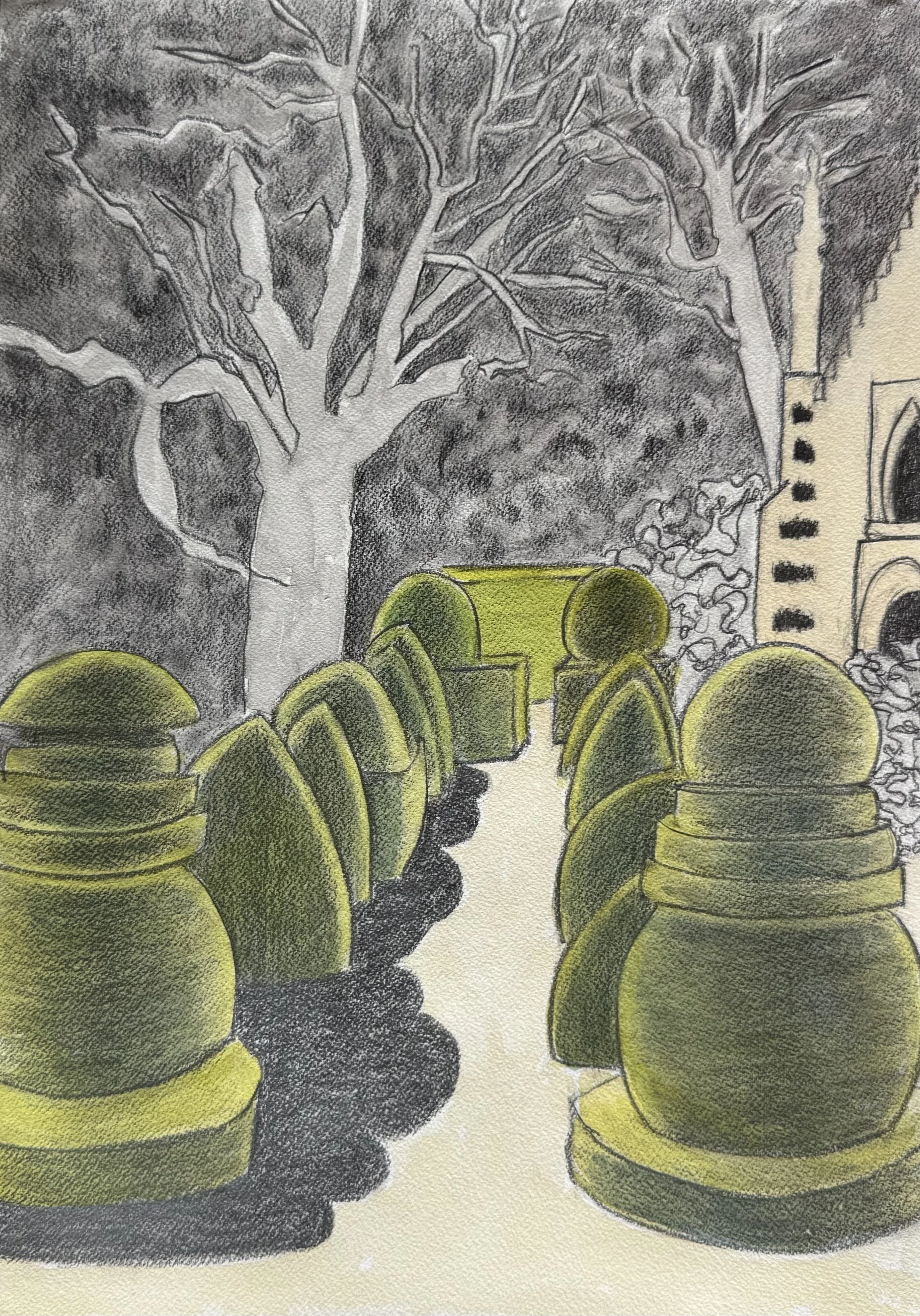 Topiary Chessmen  Line Up in the Garden of Chateau Le Pin, 2025, watercolor and graphite, 14 x 20 inches