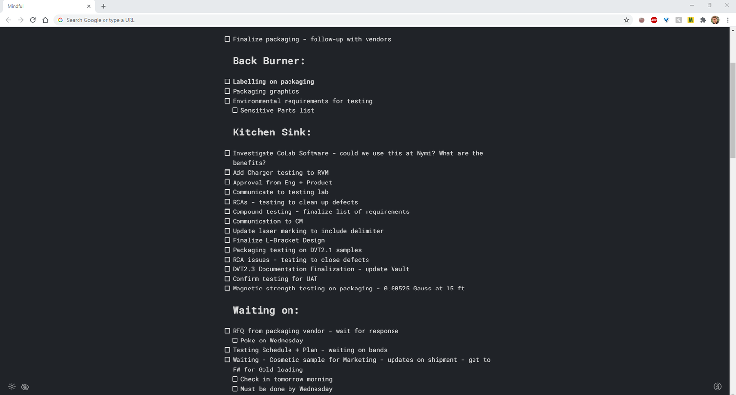 Screenshot of new browser using Mindful Chrome extension and implementing the next part of the Kitchen To-Do List