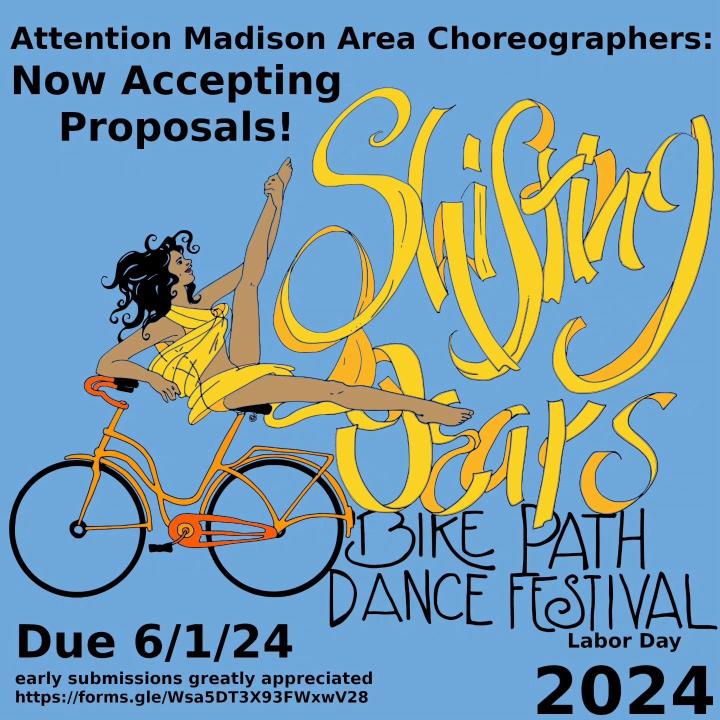 Shifting Gears Bike Path Dance Festival returns this Labor Day, 9/2/24, and we're excited to see your proposals.

Get in on the action and submit your proposal by June 1st (early submissions are greatly appreciated). Participating groups will be noti
