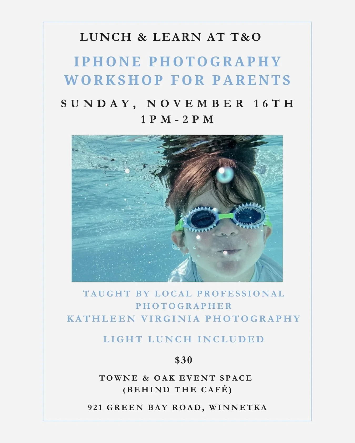 Lunch &amp; Learn at T&amp;O! Sunday, November 16th, 1-2pm 

We are excited to have local professional photographer, @kathleenvirginiaphoto, who was also a former Apple iPhone trainer, walk you through some tips &amp; tricks for taking better iPhone 
