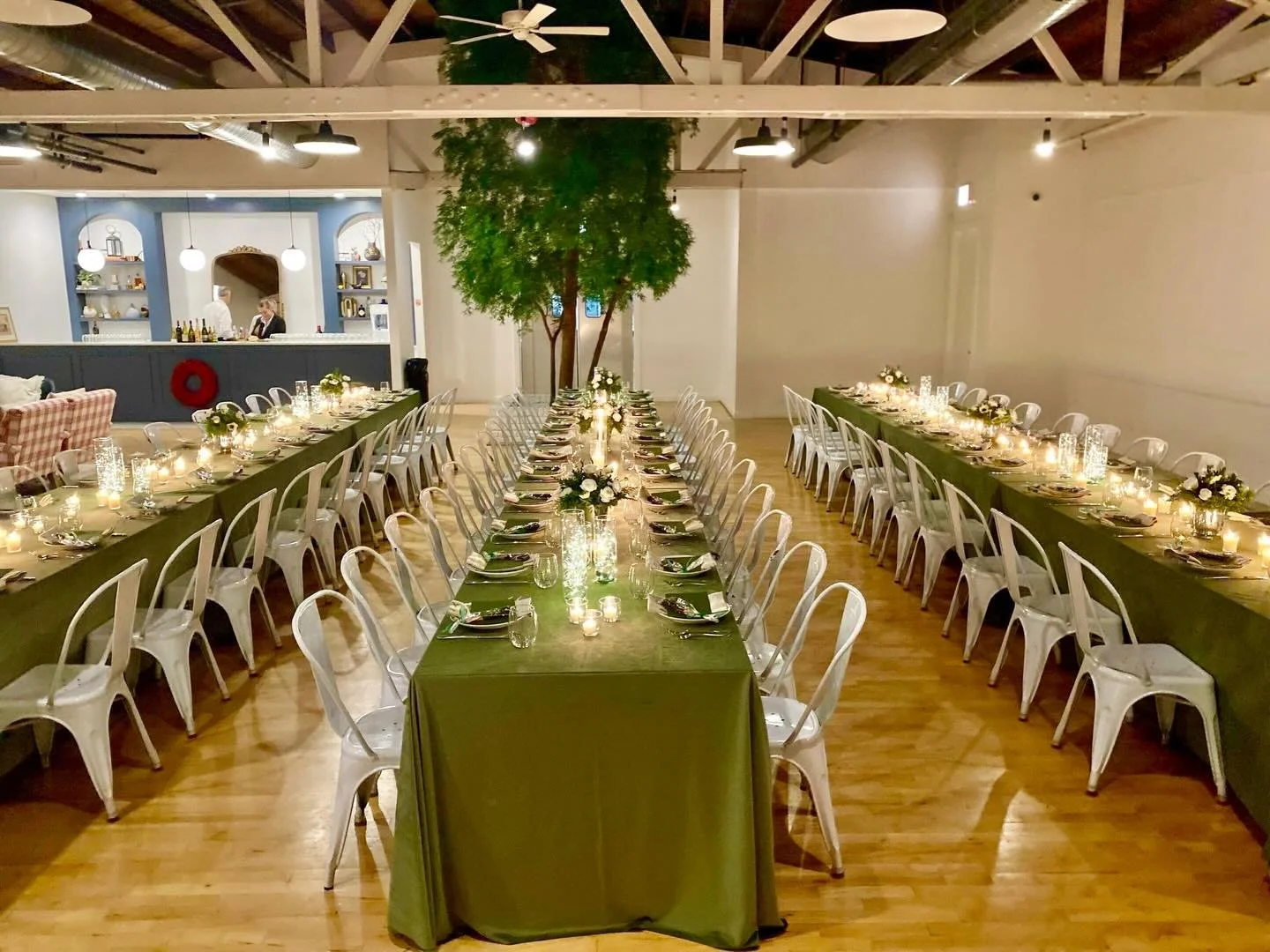 Rose &amp; Tyler&rsquo;s rehearsal dinner! Gorgeous velvet green linen tables filled with white and green floral and candlelight. Family style dinner was served to guests which included honey crisp apple salad, T&amp;O chopped salad, roasted chicken 