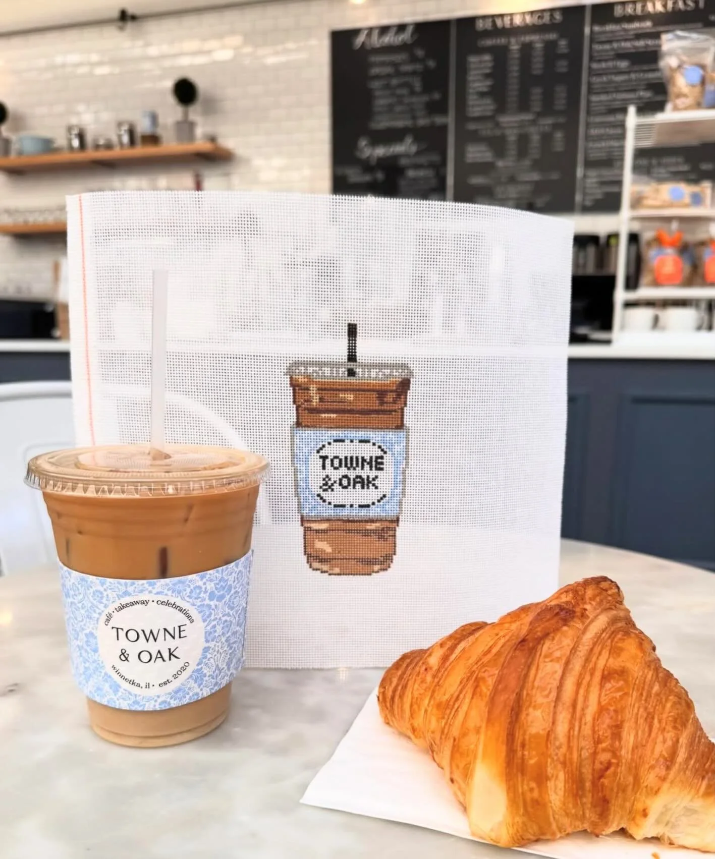 Now available @theclassicstitch - your favorite Towne &amp; Oak coffee needlepoint stitch. We are obsessed! ☕️💙