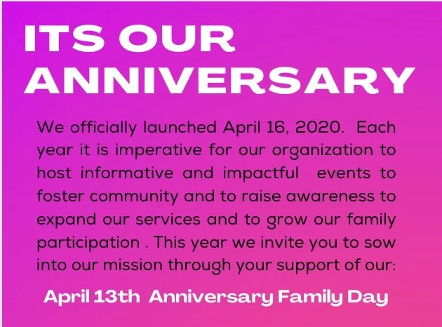 Anniversary event announcement for an organization launched on April 16, 2020, inviting participation on April 13th for a family day.