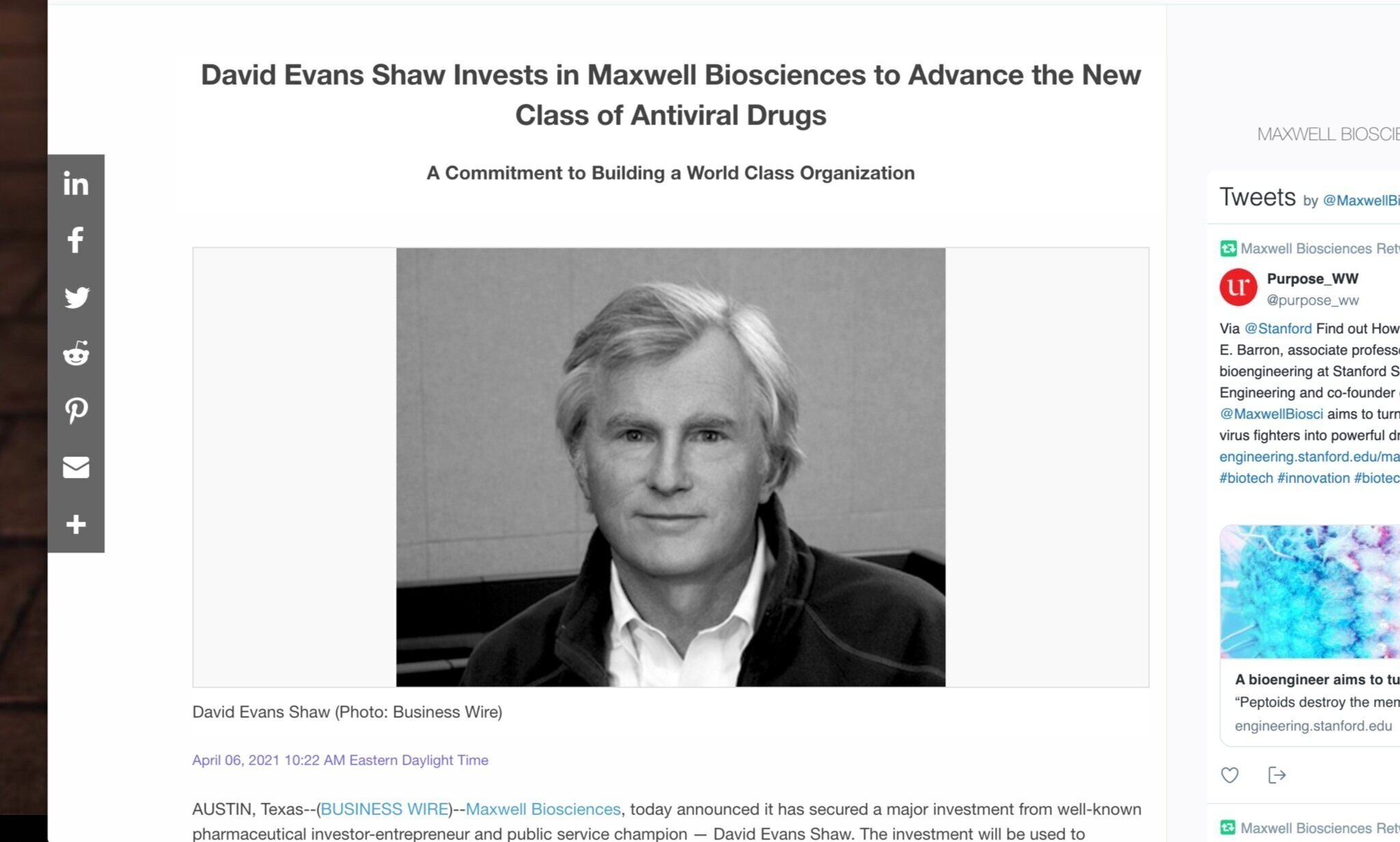 David Evans Shaw Invests in Maxwell Biosciences to Advance the New Class of Antiviral Drugs