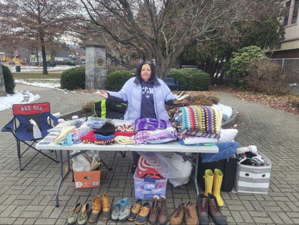 Our blanket giveaway at the local park, where we give out blankets, hats, gloves, shoes, and even goodie bags to those in need