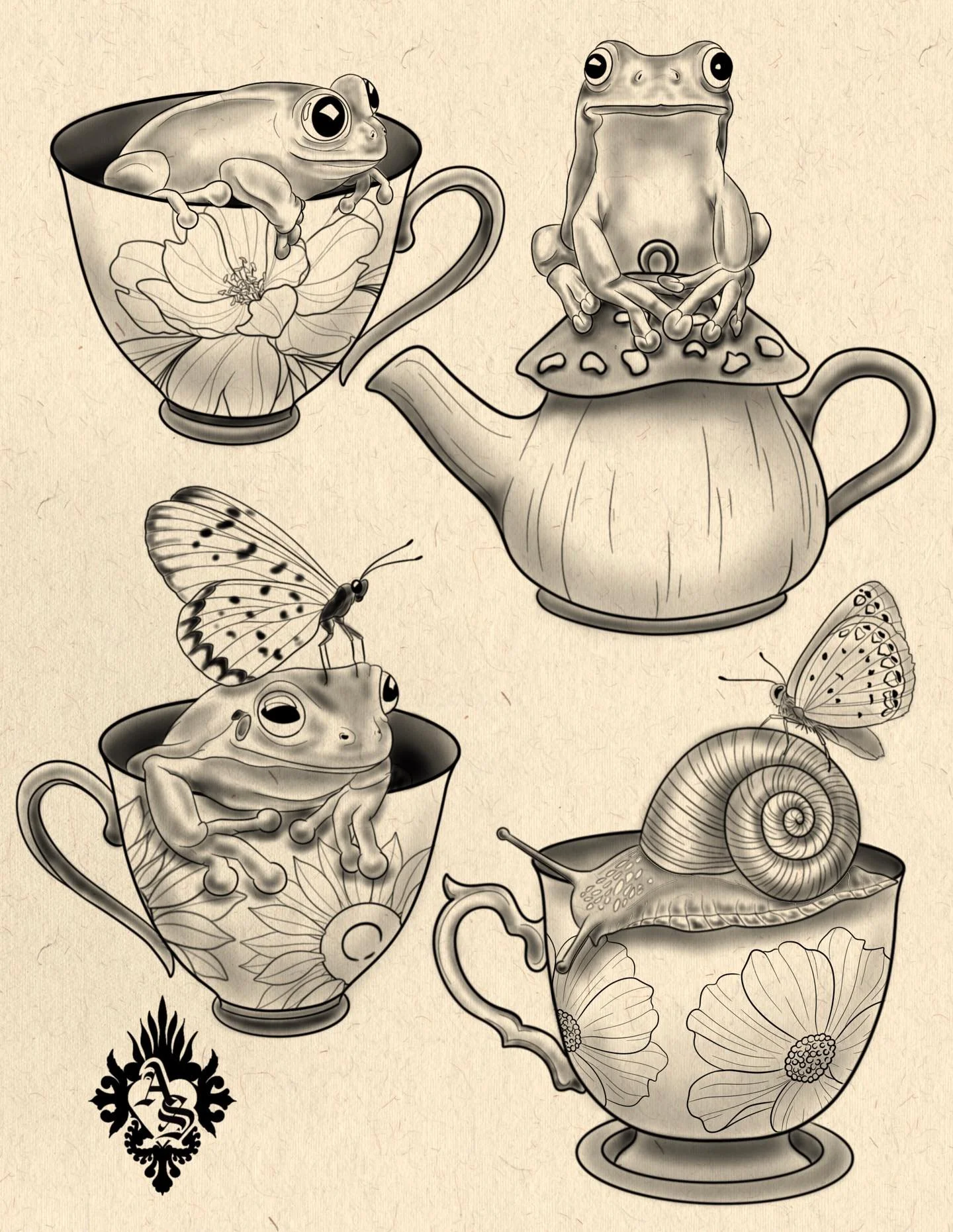 Just some freaking cute little guys!! DM or email tattoosbyabbeysmith@gmail.com to book in! Booking for September! 🐸🐌☕️🫖
#illustrativetattoo #blackandgreytattoo #cottagecoretattoo #cutetattoo #frogtattoo #snailtattoo #butterflytattoo #teacuptatto