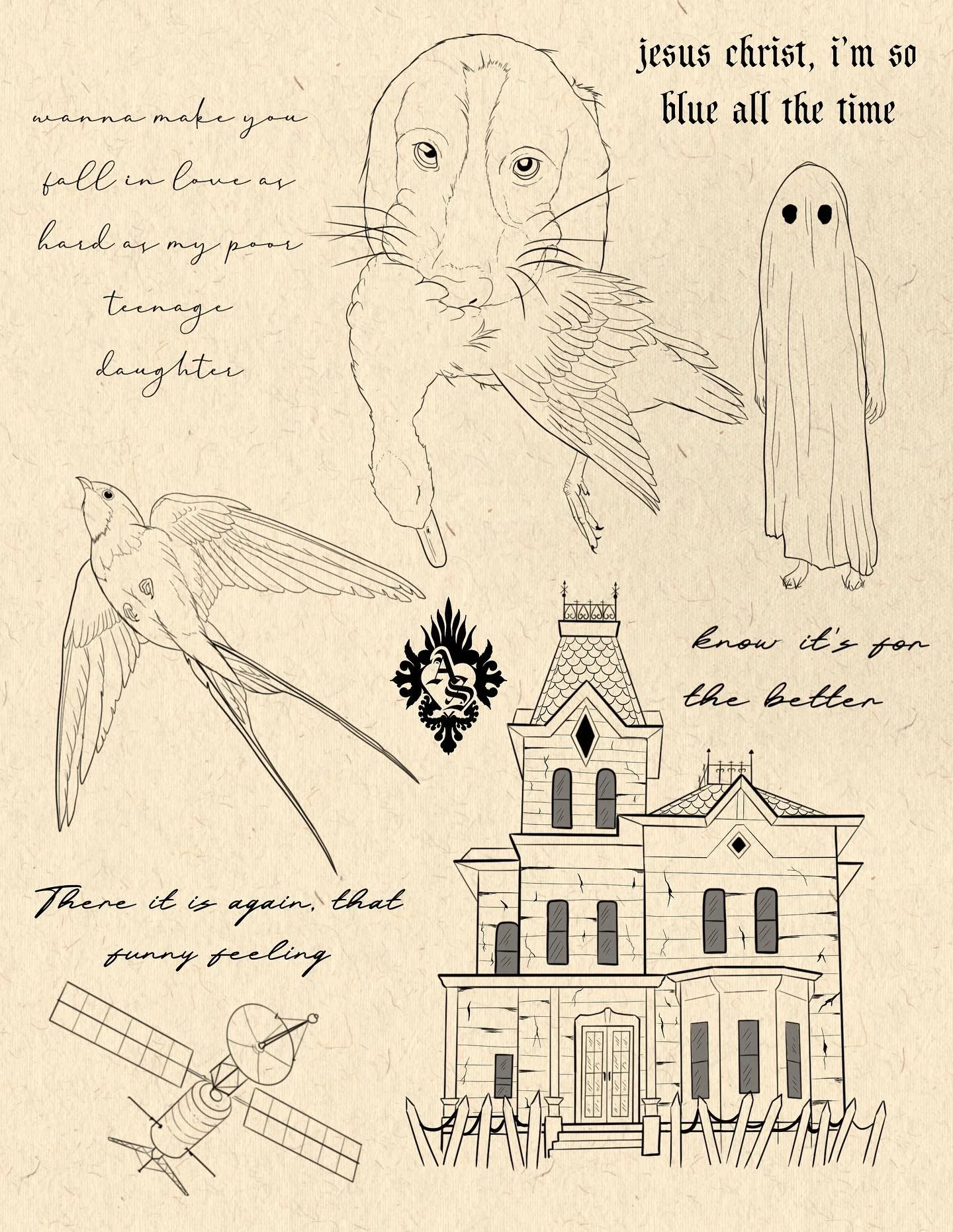 Phoebe Bridgers inspired flash sheet 👽🦷🌑💫 hope you guys love it!! DM or email tattoosbyabbeysmith@gmail.com to book one of these!!! 
#illustrativetattoo #scripttattoo #ottawatattoo #ottawapride #pridetattoo #phoebebridgers #phoebebridgerstattoo