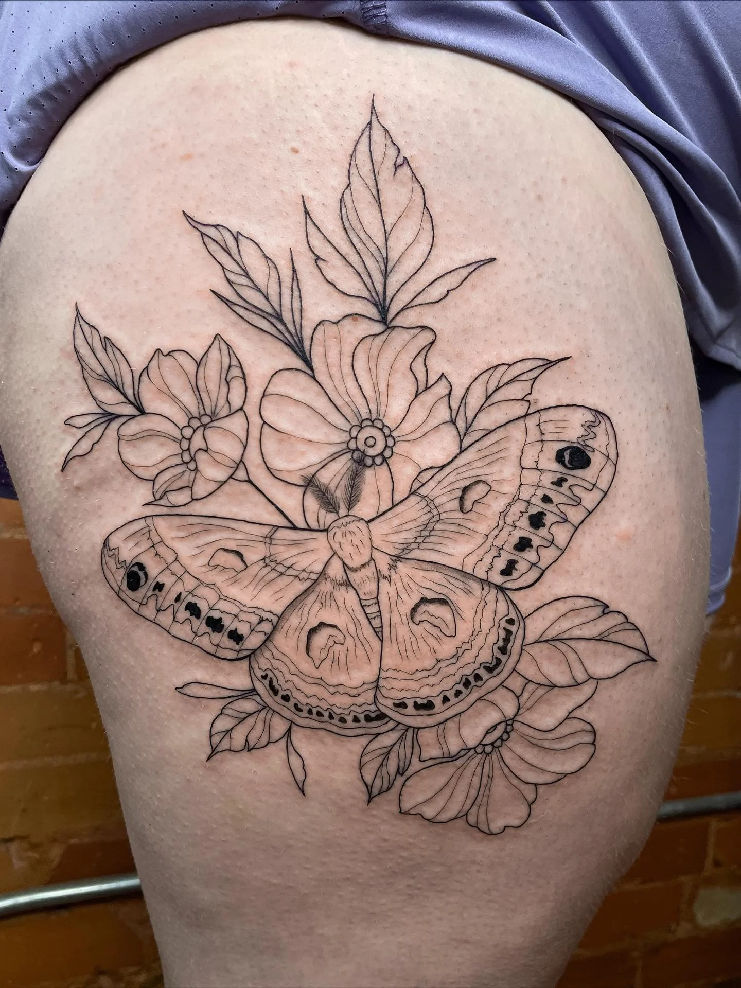 Work in progress on this gorgeous moth piece! Still love it so much 🦋🦋🌸🌺
#finelinetattoo #mothtattoo #floraltattoo #blackandwhitetattoo #illustrativetattoo #thightattoo #ottawatattoo #juniortattooartist #tattoos #lineworktattoo #wiptattoo
