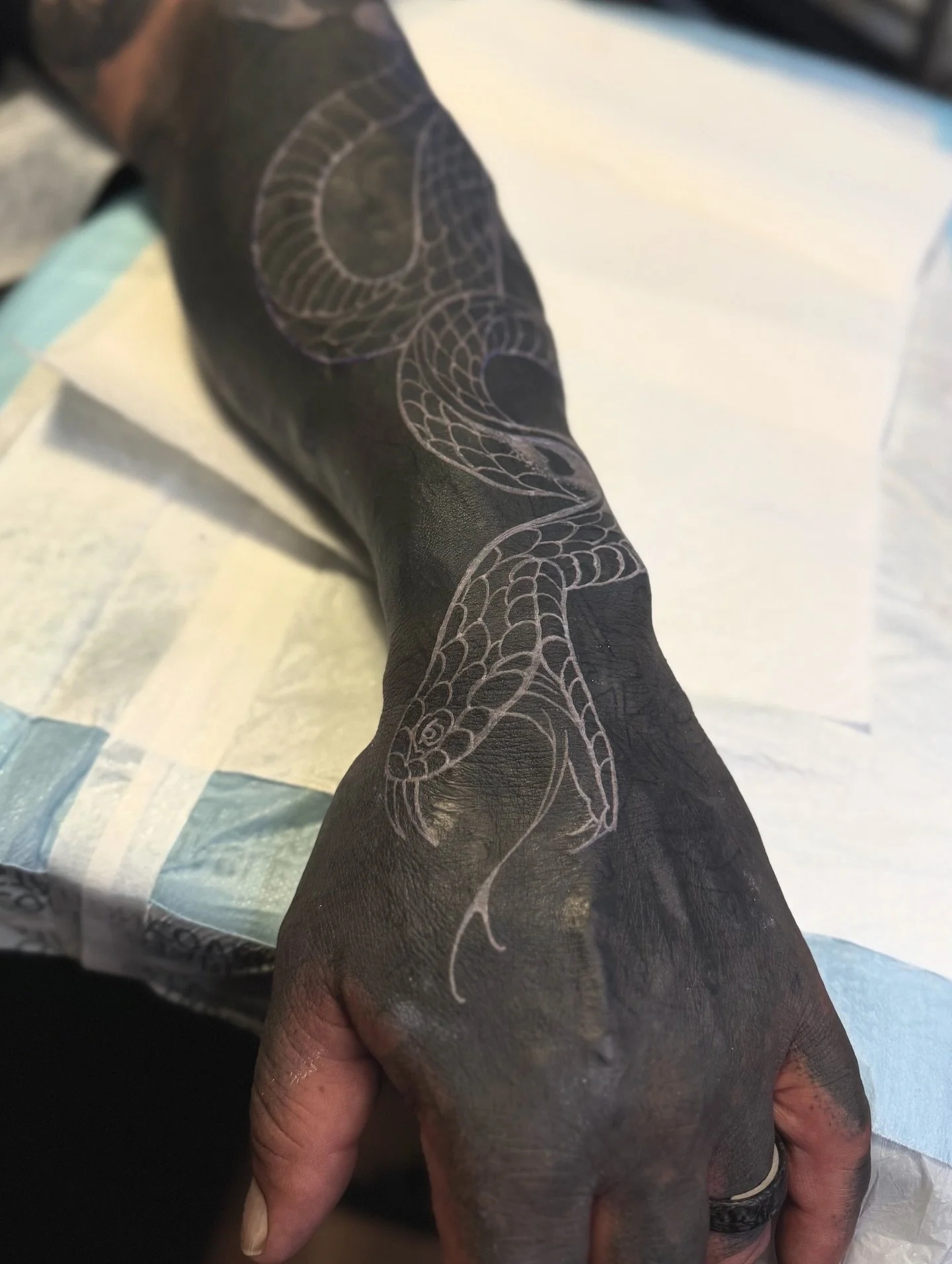Progress on this black out sleeve! 

This project has been so fun bringing to life. We reworked an older black out sleeve and now the fun begins snakes and geometry, white over blackout tattoo. 

The white will probably need 2 sessions to heal satura