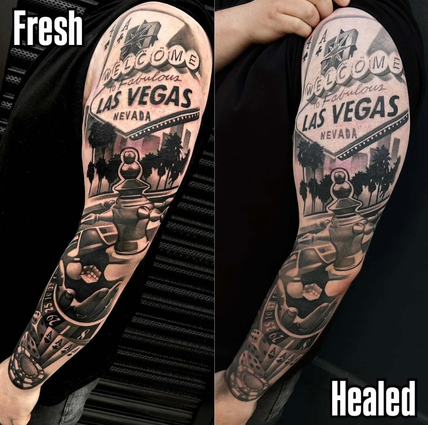 Fresh v Healed, 3 month difference. Las Vegas sleeve I did for a clients first tattoo experience, healed perfectly! No touchups, all done in one pass. 🔥
•
This project took us just over 16 hours over two days to complete. 
•
@obscura.tatto