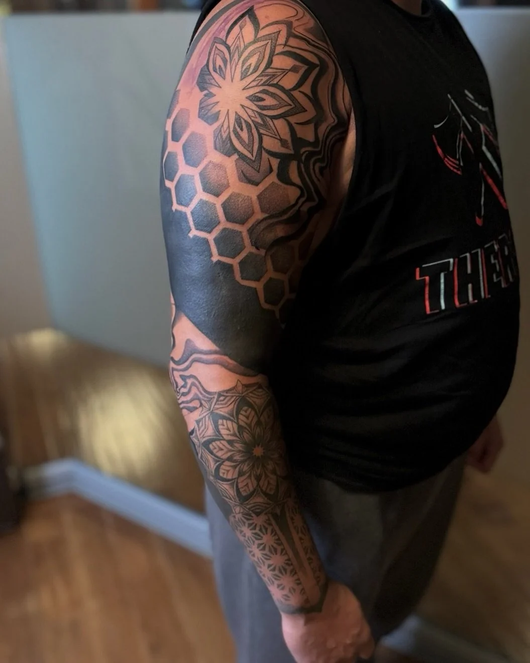 Geometric black work sleeve covering a patchwork tattoo collection by @mariah.landers. 

We built this cohesive full sleeve around a hand full of existing tattoos that just weren&rsquo;t the look Bran wanted anymore. Sometimes it&rsquo;s just time to