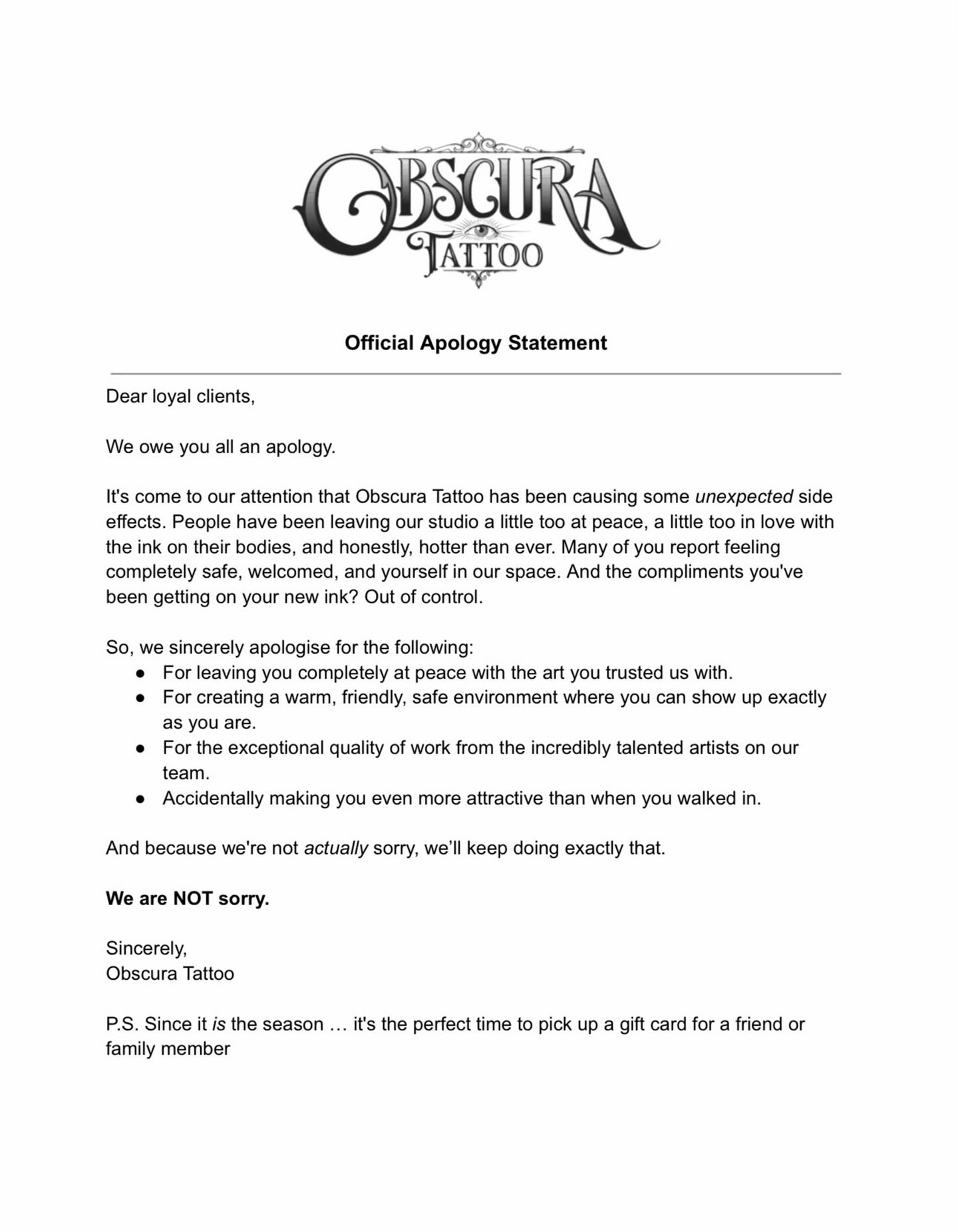 It IS the season!🤭 And because of that, we&rsquo;re offering a gift card promo starting November 25th. Spend $200+ and receive 20% off each $100 up to $500! This offer ends January 1st! 
.
Gift card promo is in-store only.
.
#giftideas #obscuratatto