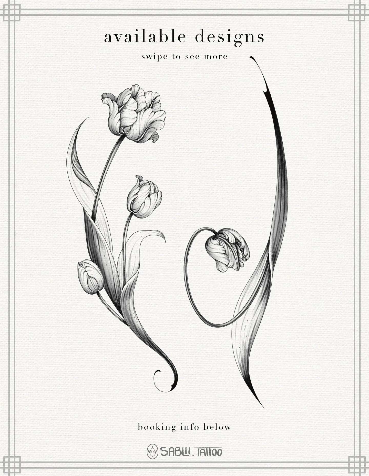 New whimsical tulip designs available! 🌷💐 

&bull;&bull;&bull;
If you&rsquo;re interested in picking up one of these pieces, please contact me at 
gettattooed@obscura613.com 
Please attach a screenshot of the flash piece(s) and where you would like