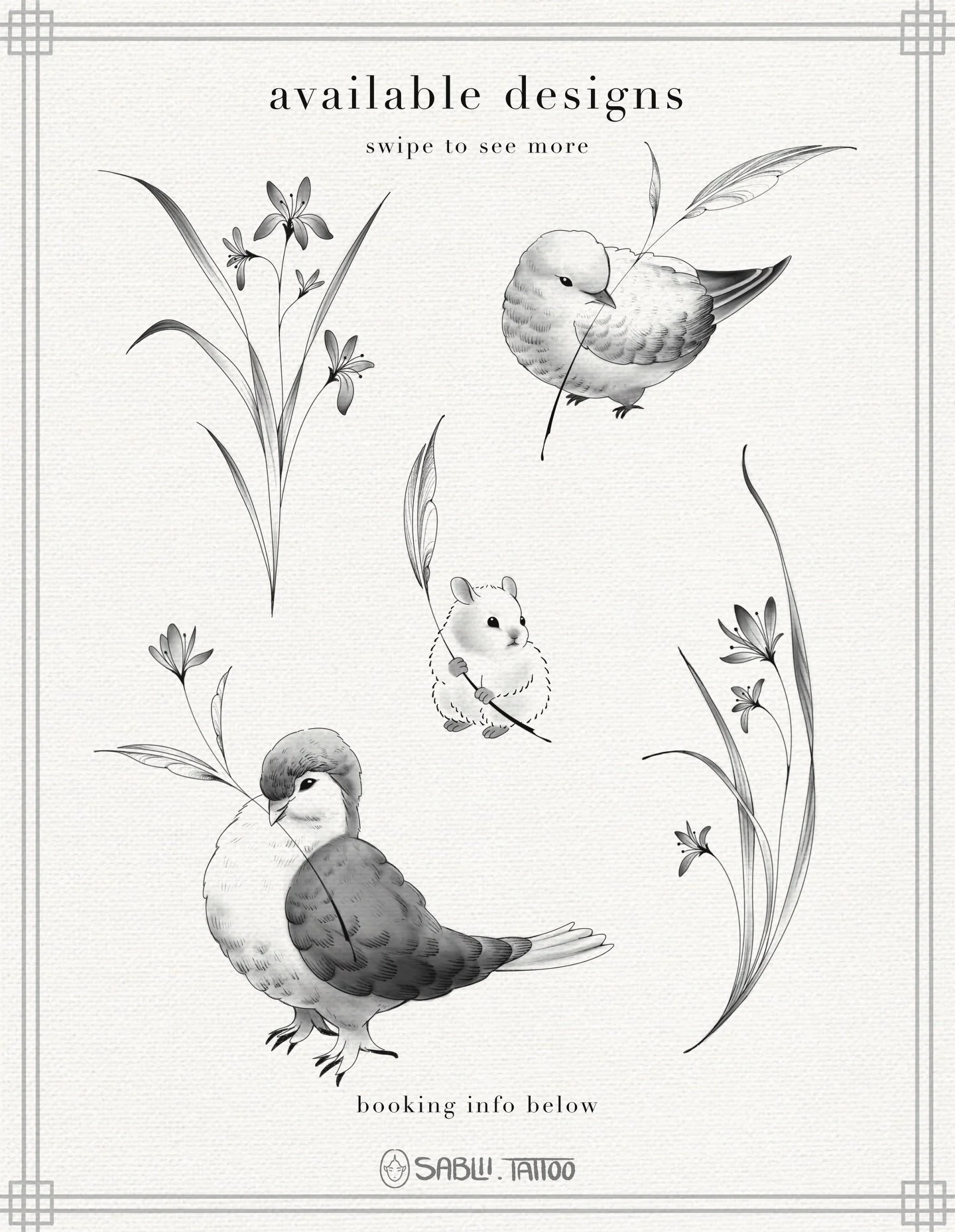 New designs available featuring a little dove, pigeon, and hamster with matching floral pieces🕊️ 

&bull;&bull;&bull;
December bookings are open! Limited spots left for November ~

If you&rsquo;re interested in picking up one of these pieces, please