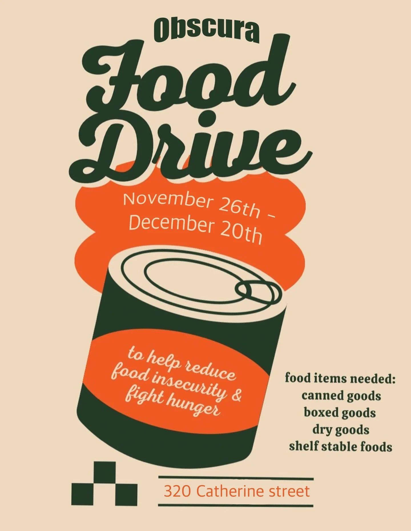 Obscura Tattoo will be collecting food for the Ottawa Food Bank between November 26th - December 20th. 

Bring in non perishable items for a raffle ticket to win a $50 gift certificate towards a tattoo!