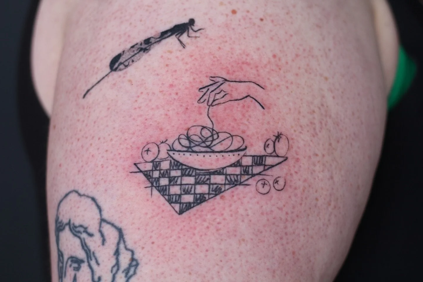 Spaghetti scene tattoo 🍝 Done in a textured style and inspired by an existing design, then reworked and tuned into our own.

Done at @obscura.tattoo 
Supplied by @anarchy_tattoo_supplies 

#spaghettitattoo #foodtattoo #illustrativetattoo #texturedta