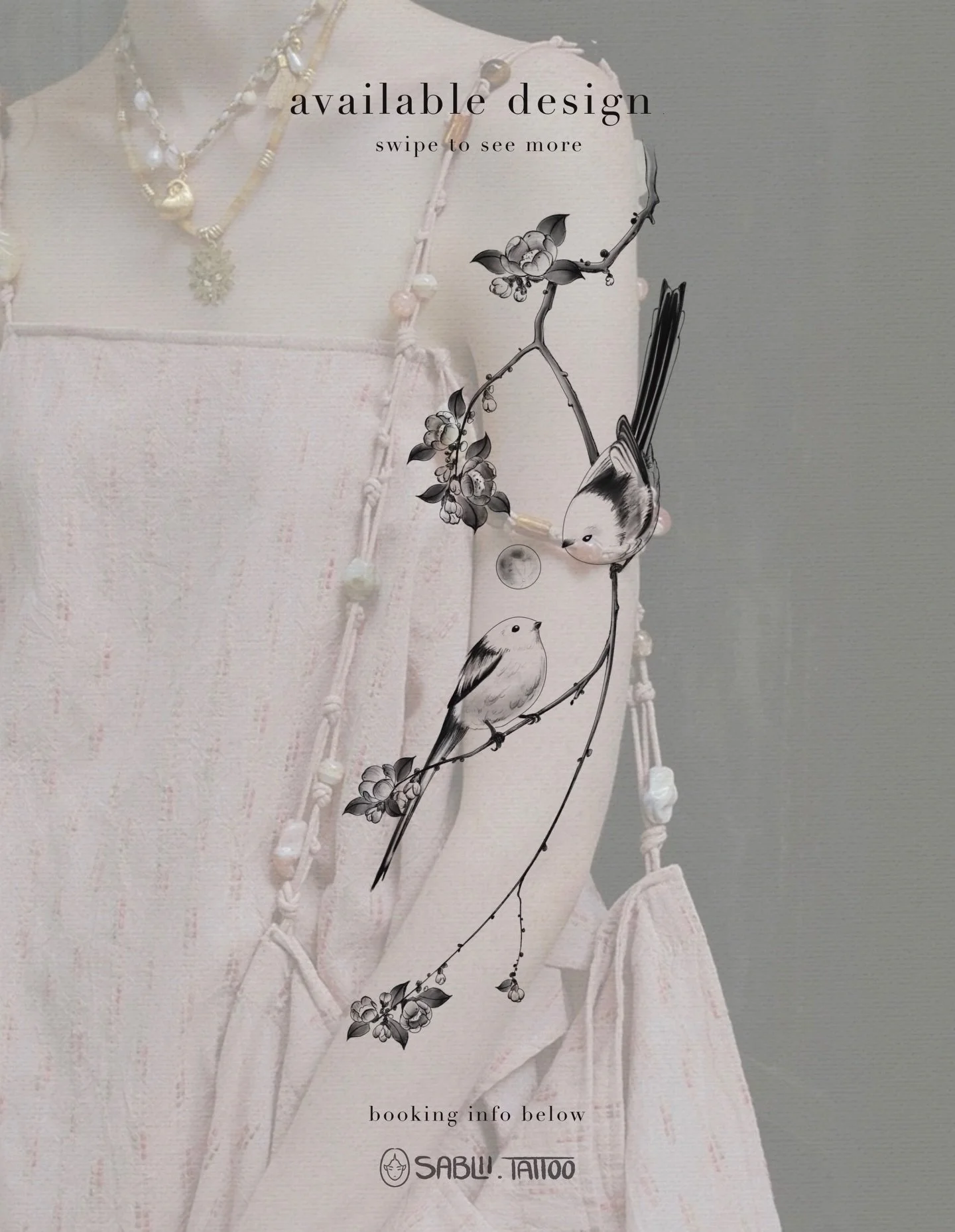 ~ New concept available ~

A timeless piece best suiting the flow of arms and legs, featuring little Hokkaido Snow Fairy birds and whimsical blossoms 🌸

&bull;&bull;&bull;
To book a session with me, please contact me at 
gettattooed@obscura613.com o