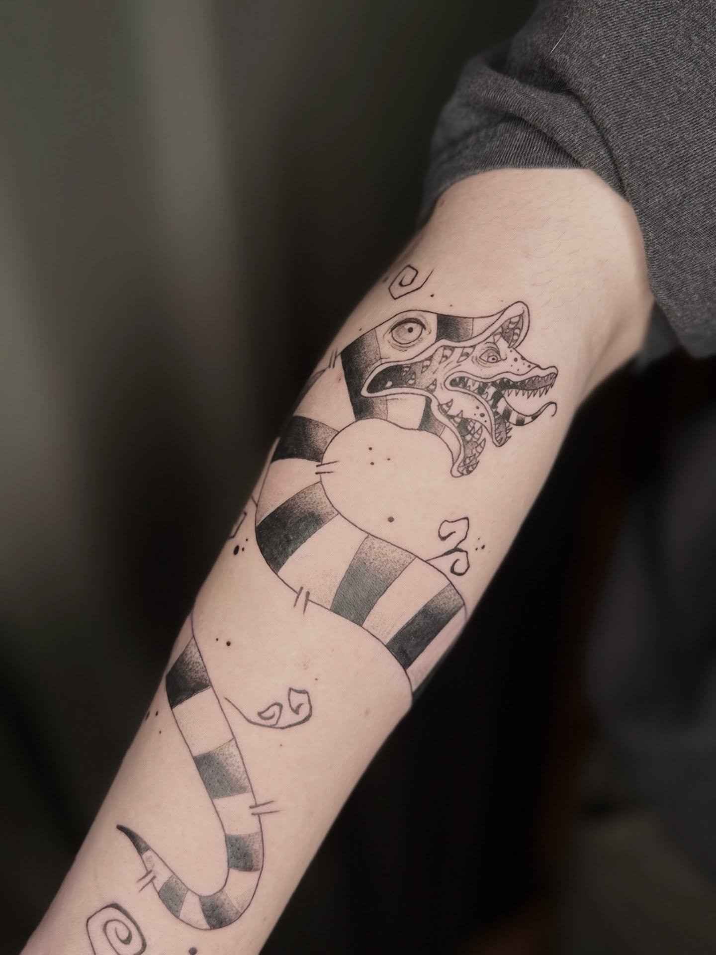 Cute Bettlejuice tattoo 🐍
.
.
.
Artist: @martini.tattoos 
Studio: @obscura.tattoo 
.
.
.
#ottawatattoo #ottawaartist #obscuratattoo #bettlejuicetattoo