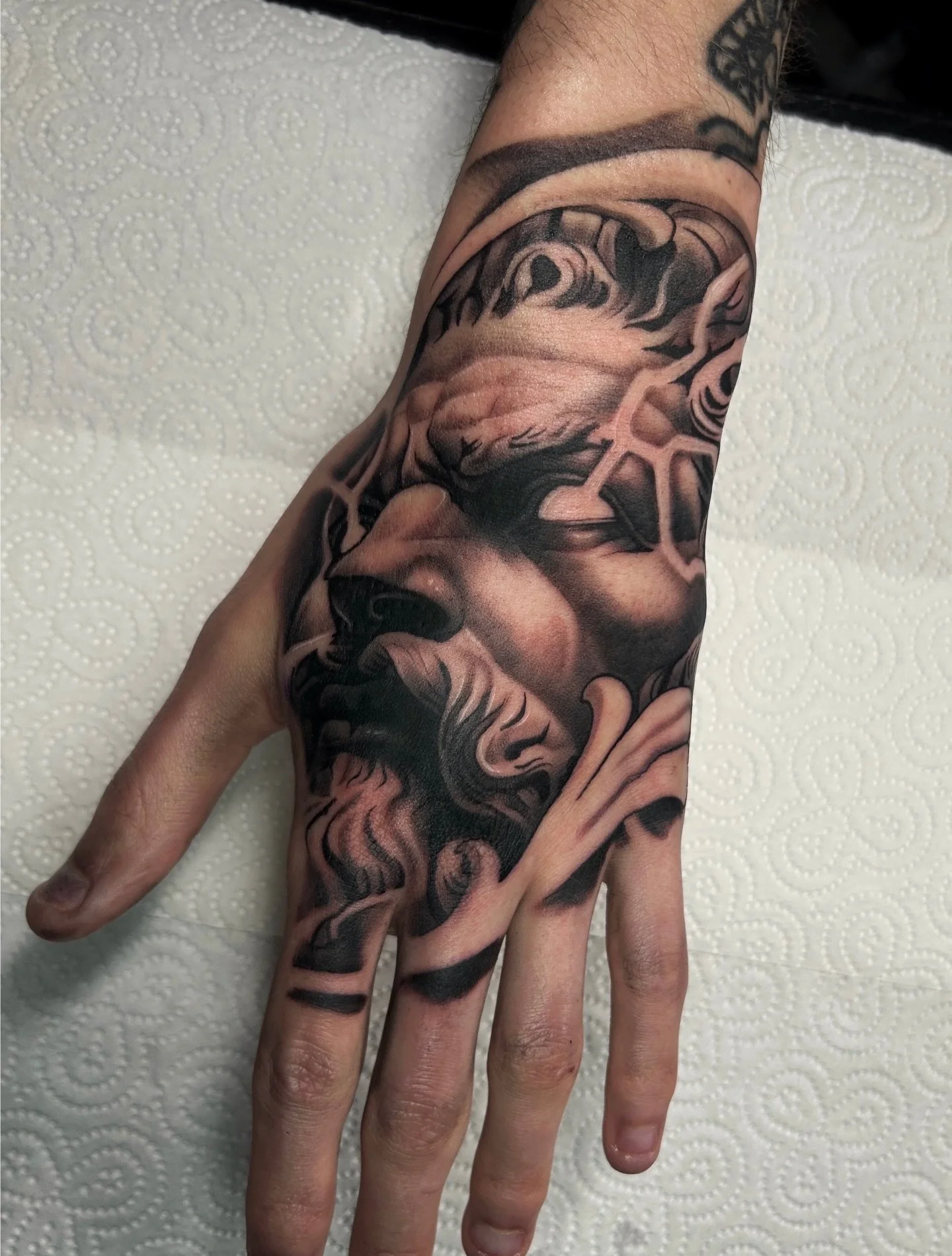 ZEUS ⚡️⚡️3 hour hand piece @obscura.tattoo 
-
Toronto Convention @nixtattooshow May 1-3, looking for one or two clients ~ DM or Email me if you&rsquo;re interested! 

@anarchy_tattoo_supplies 
@kwadron 
@emalla.official 

#tattoos #handtattoos #zeust
