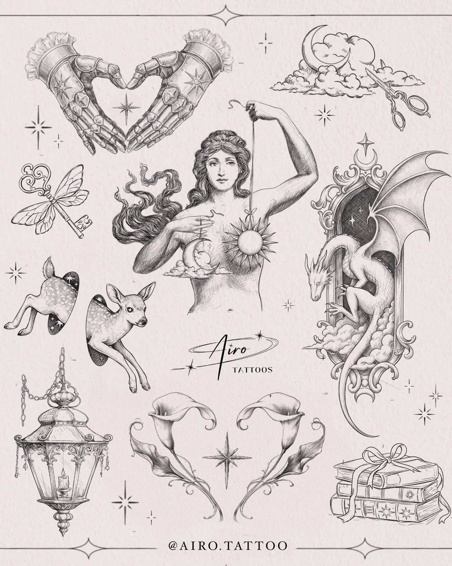 ✨April 2026 Tattoo Flash Drop!✨
I'm excited to share this fantasy/celestial-inspired flash sheet, designed based on your feedback!
Comment below with your favorite designs and suggestions for the next sheet 💖

✨Easily book your design through @venue