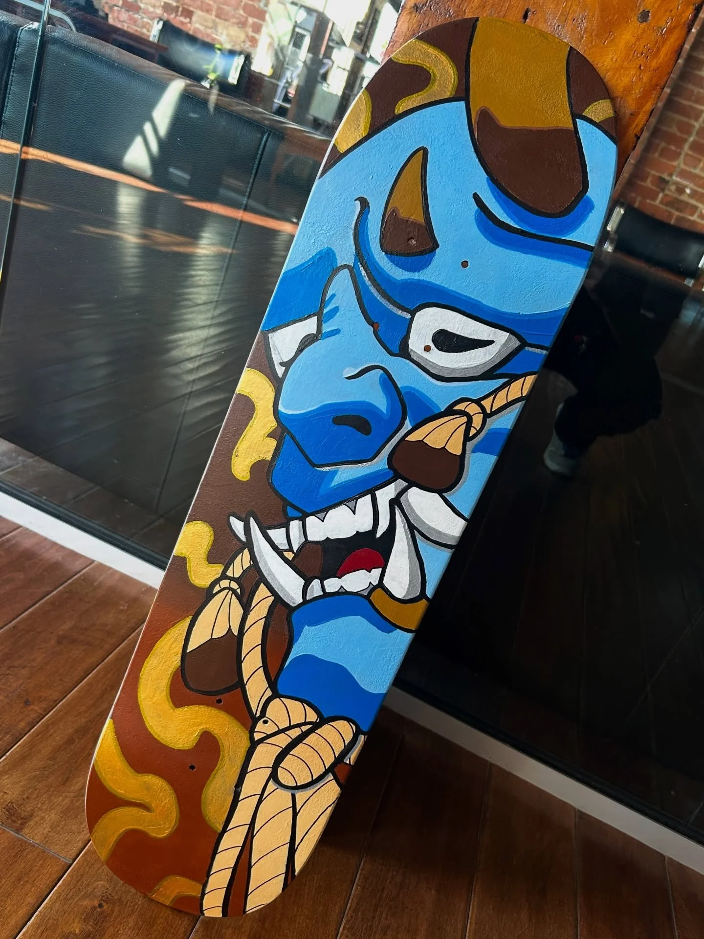 Board complete ✅ spent the last few days trying out painting for the first time on this deck, pretty happy with how it turned out 🔥

This is up for sale, so if you&rsquo;re interested in snatching it up message me! 

@obscura.tattoo 

#skateboardart